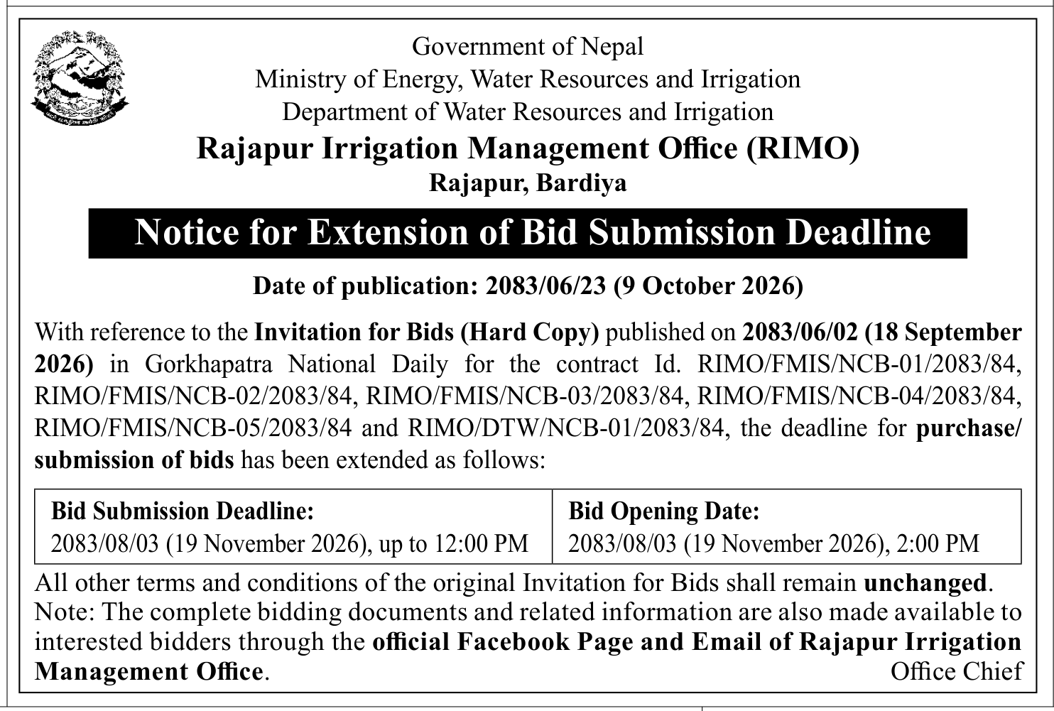 Tender notice as printed in Gorkhapatra, 9 Oct 2026, page 16