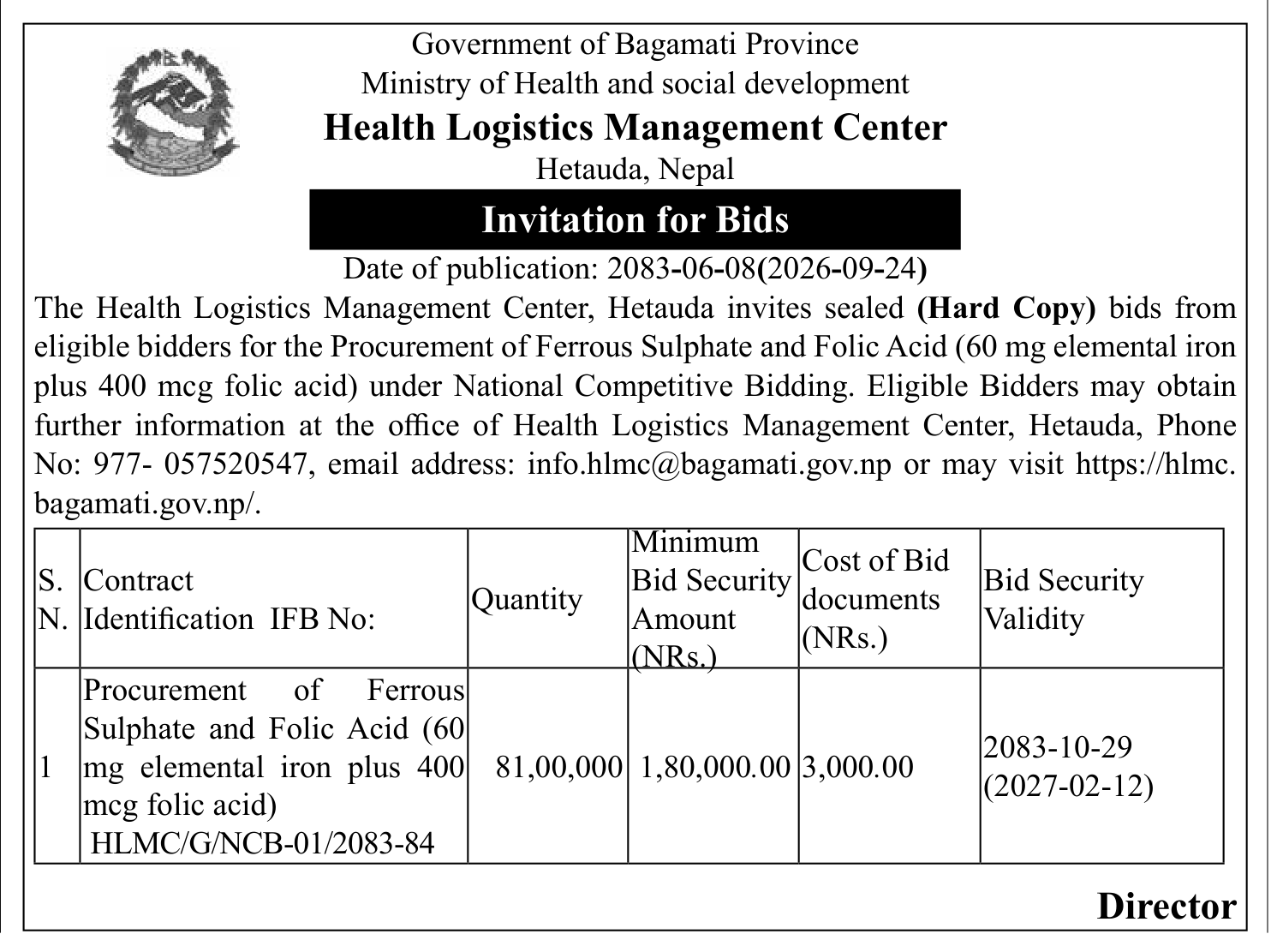 Tender notice as printed in Gorkhapatra, 24 Sep 2026, page 15