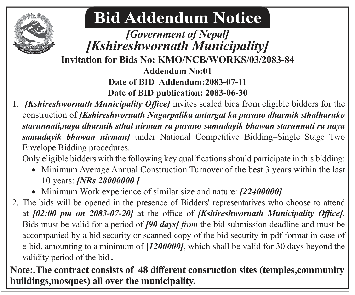 Tender notice as printed in Gorkhapatra, 28 Oct 2026, page 11