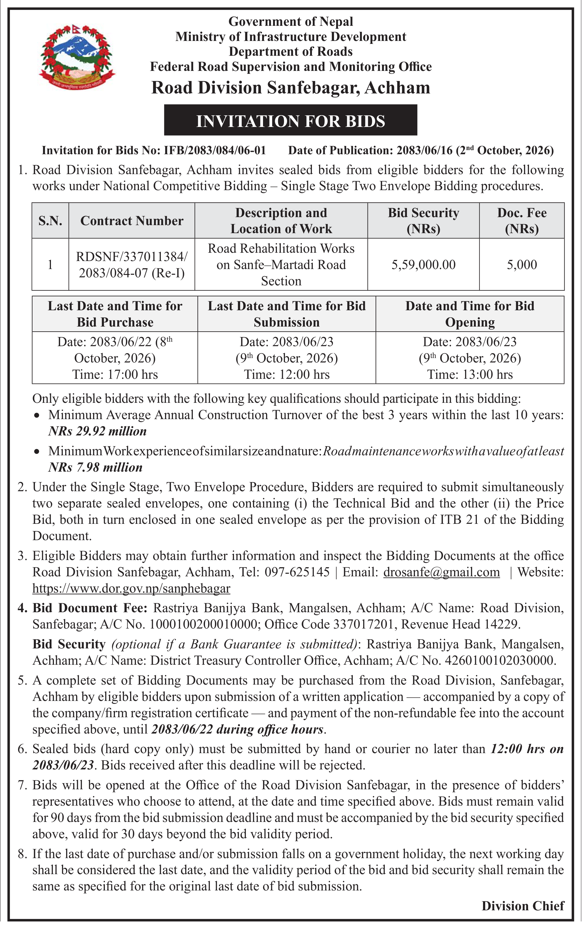 Tender notice as printed in Prabhab Daily, 2 Oct 2026, page 2