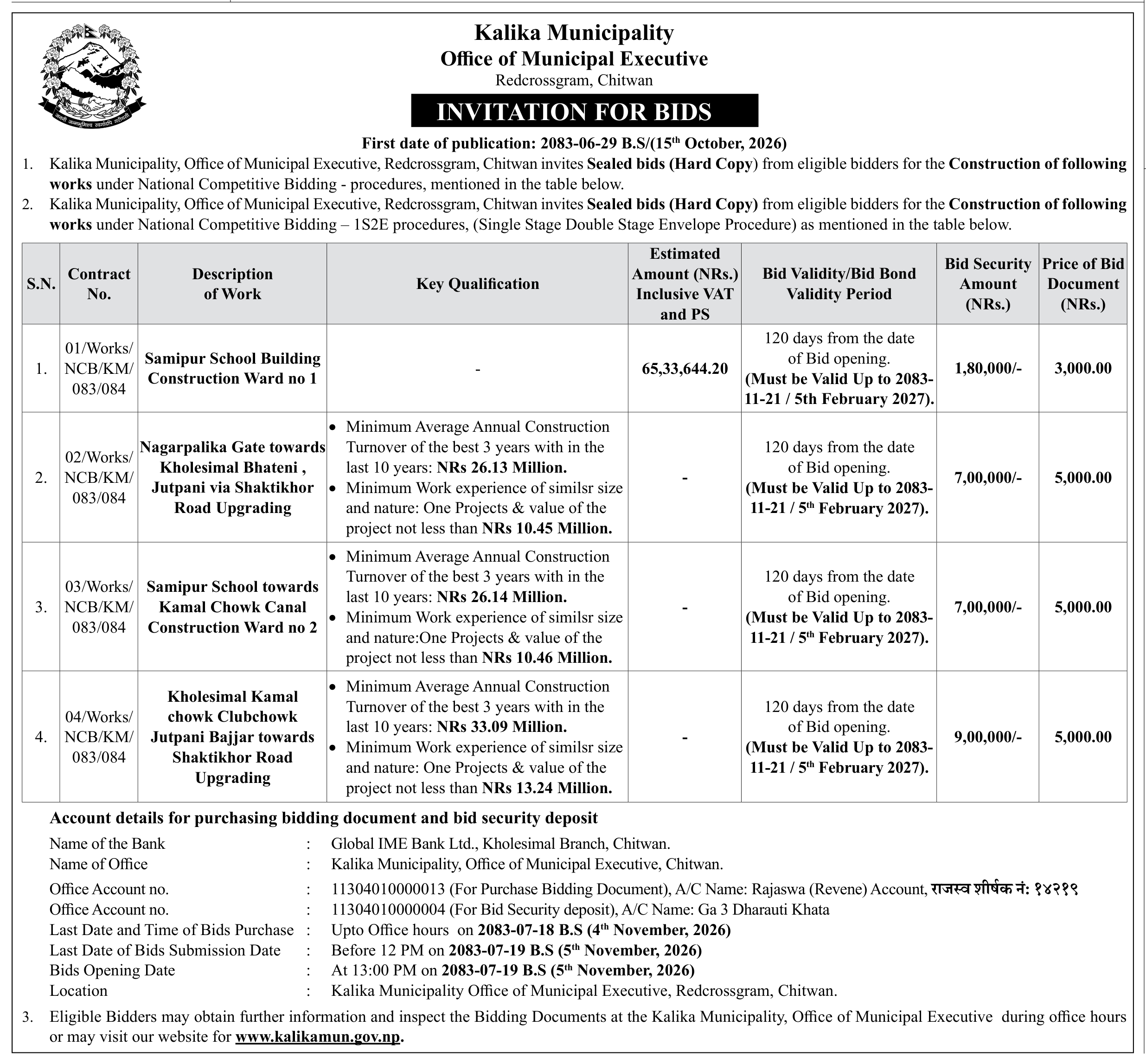Tender notice as printed in Gorkhapatra, 15 Oct 2026, page 9
