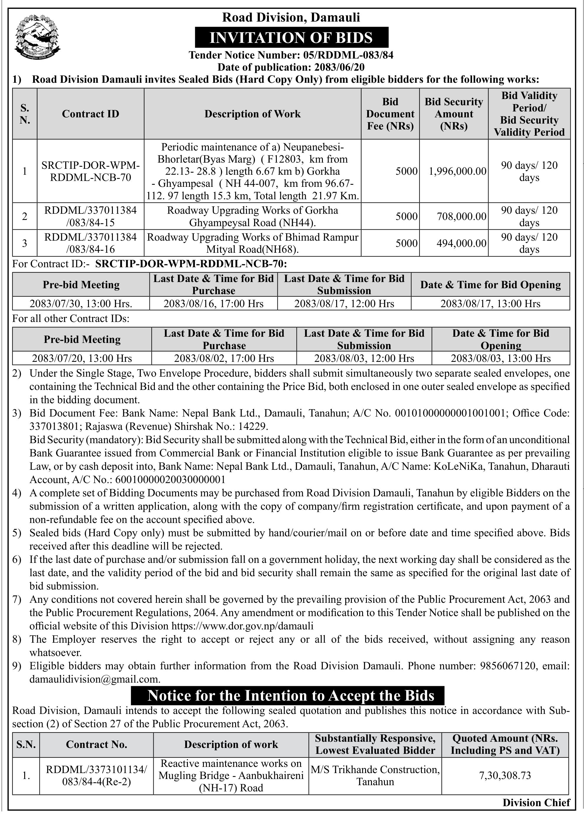 Tender notice as printed in Gorkhapatra, 6 Oct 2026, page 3