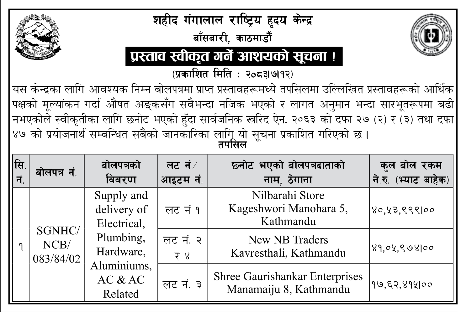 Tender notice as printed in Gorkhapatra, 29 Oct 2026, page 12
