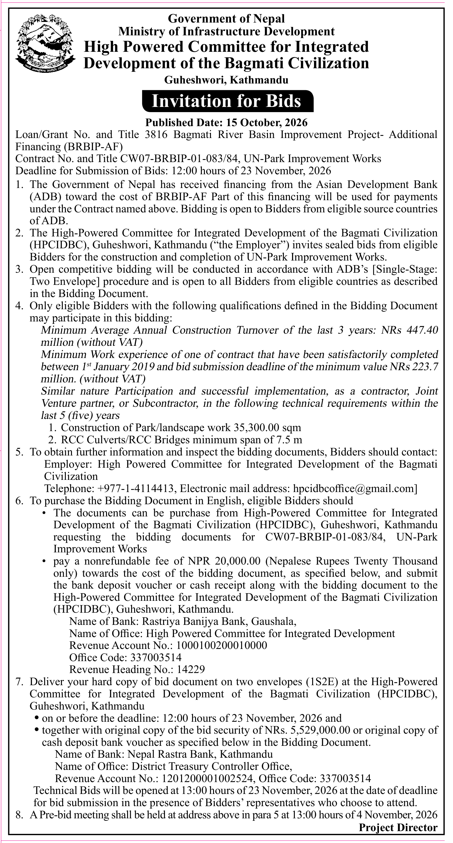 Tender notice as printed in Gorkhapatra, 15 Oct 2026, page 19