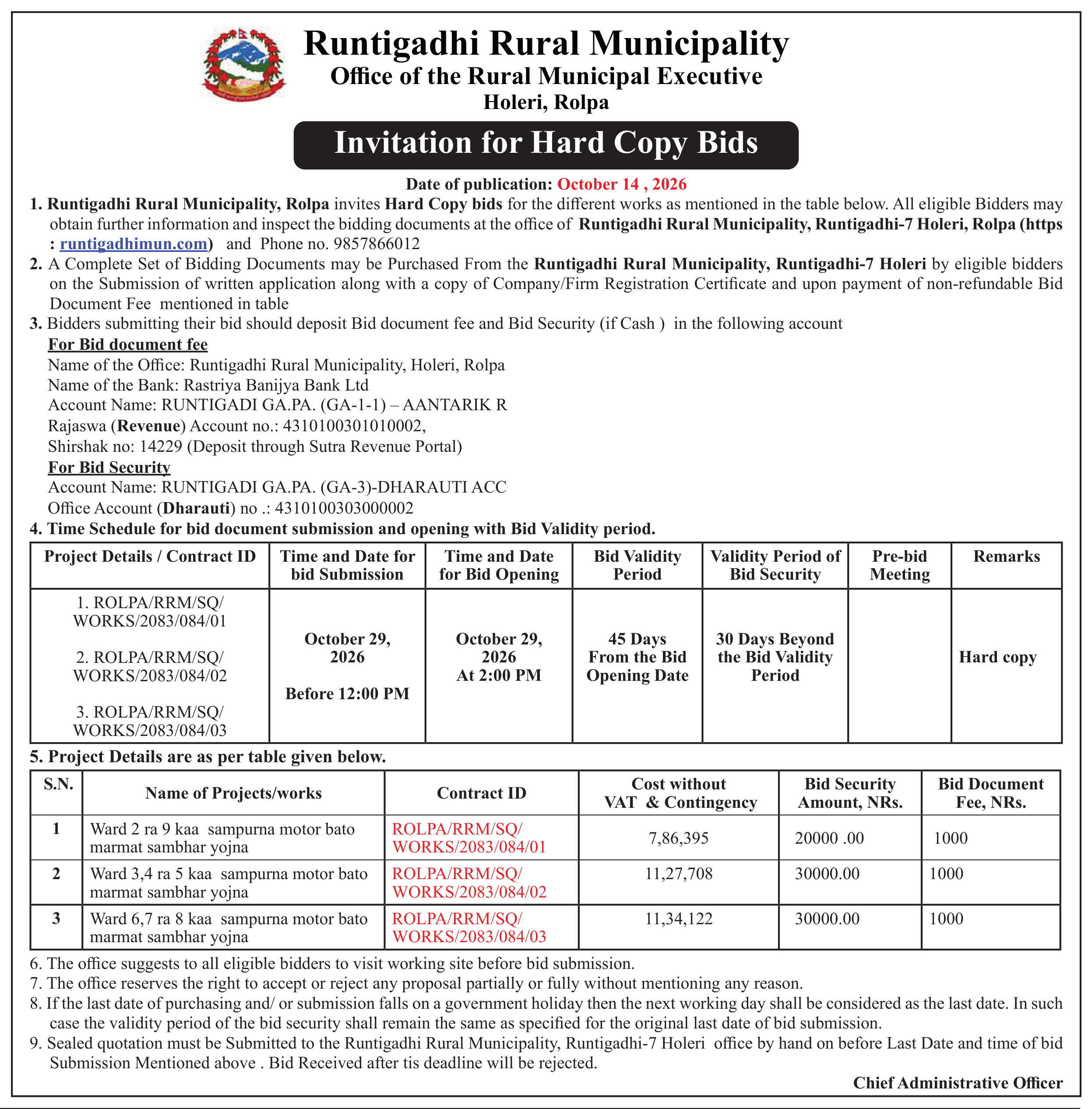 Tender notice as printed in Mission Today, 14 Oct 2026, page 7