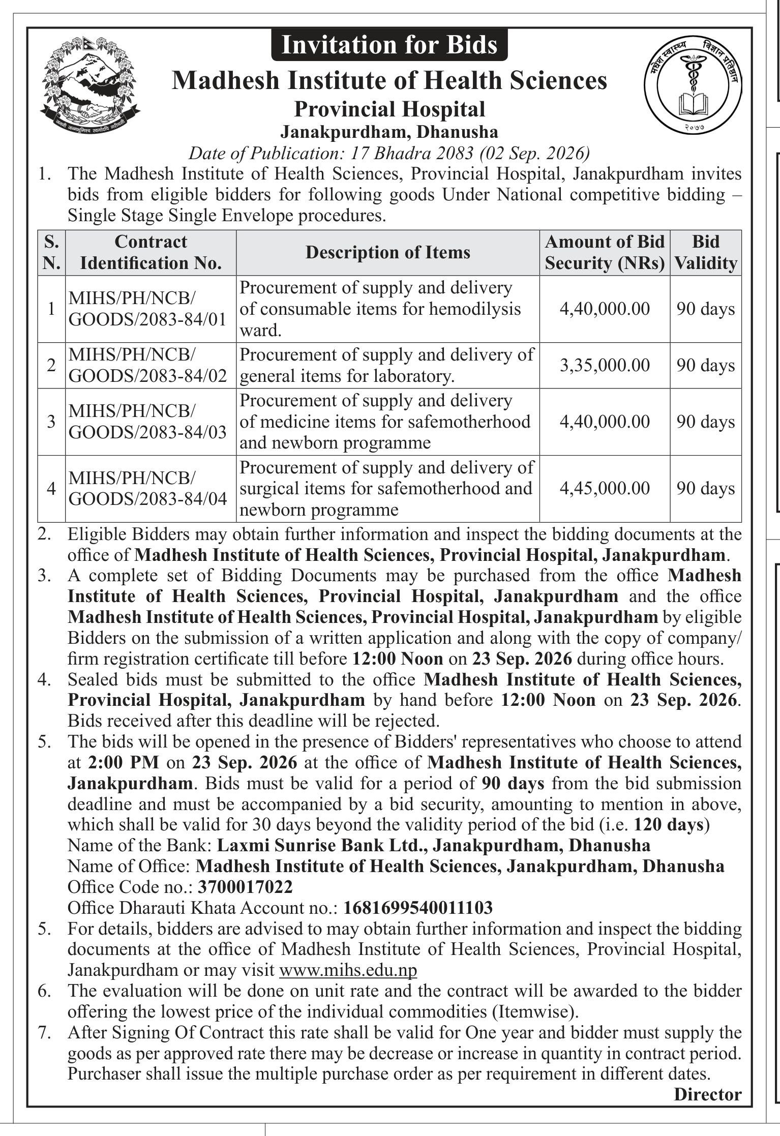 Tender notice as printed in Gorkhapatra, 2 Sep 2026, page 10