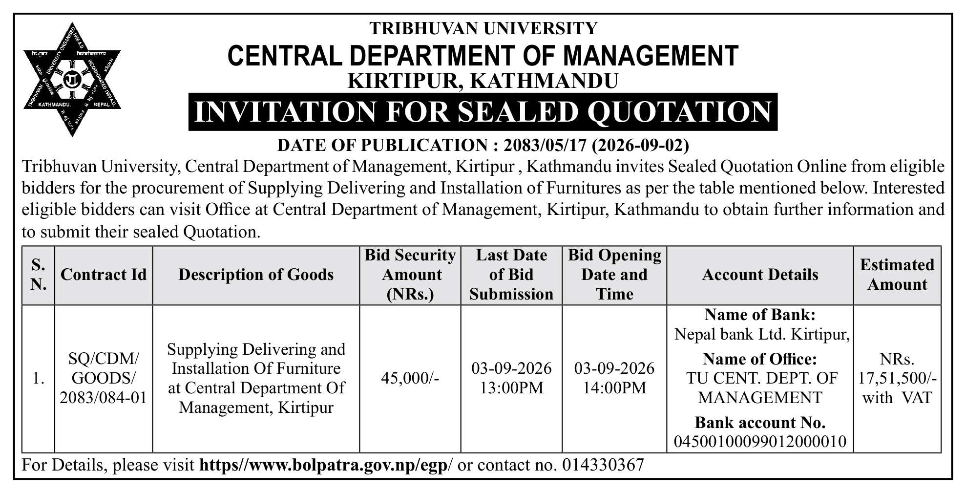 Tender notice as printed in Gorkhapatra, 2 Sep 2026, page 8