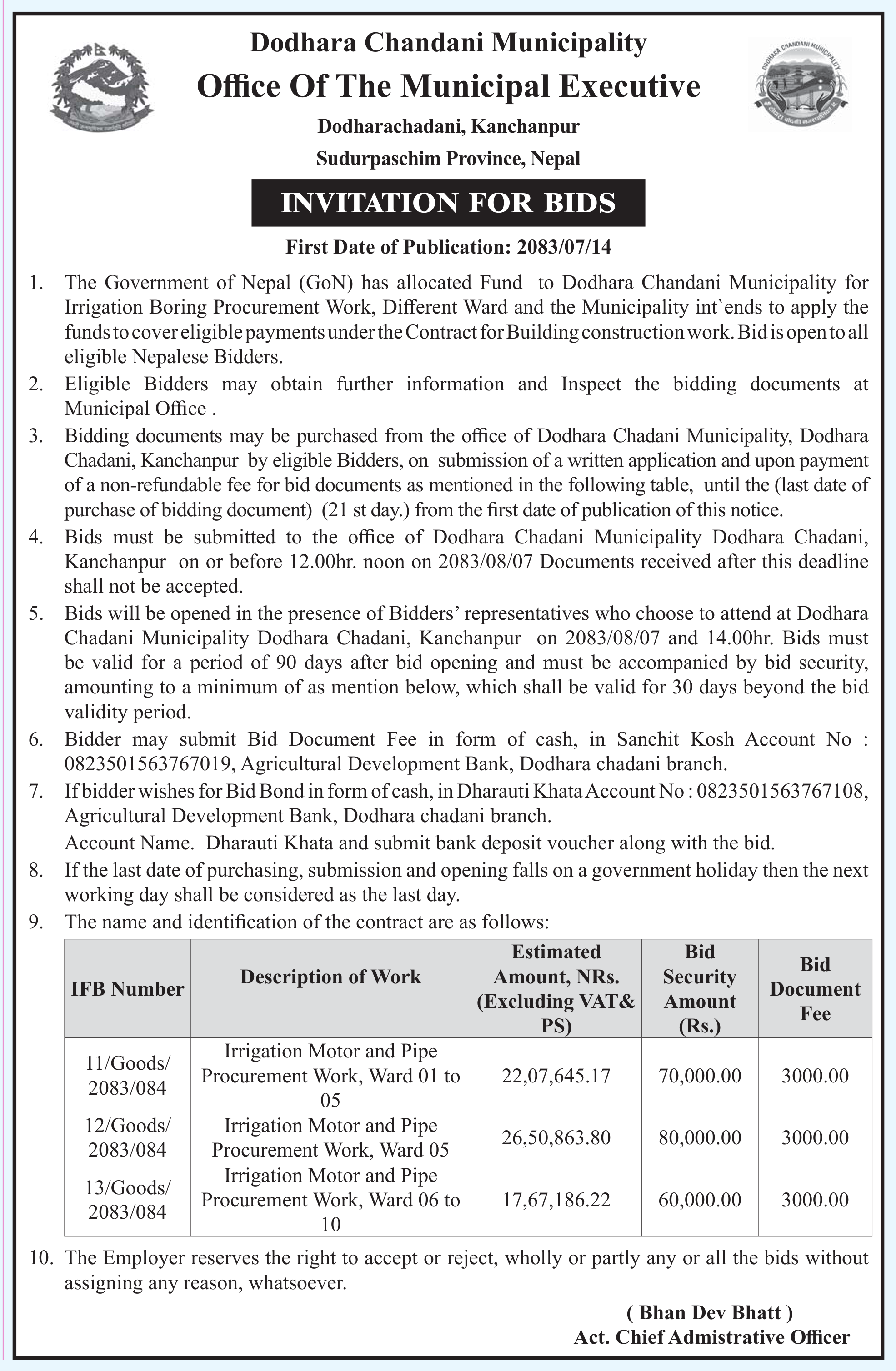 Tender notice as printed in Prabhab Daily, 31 Oct 2026, page 6