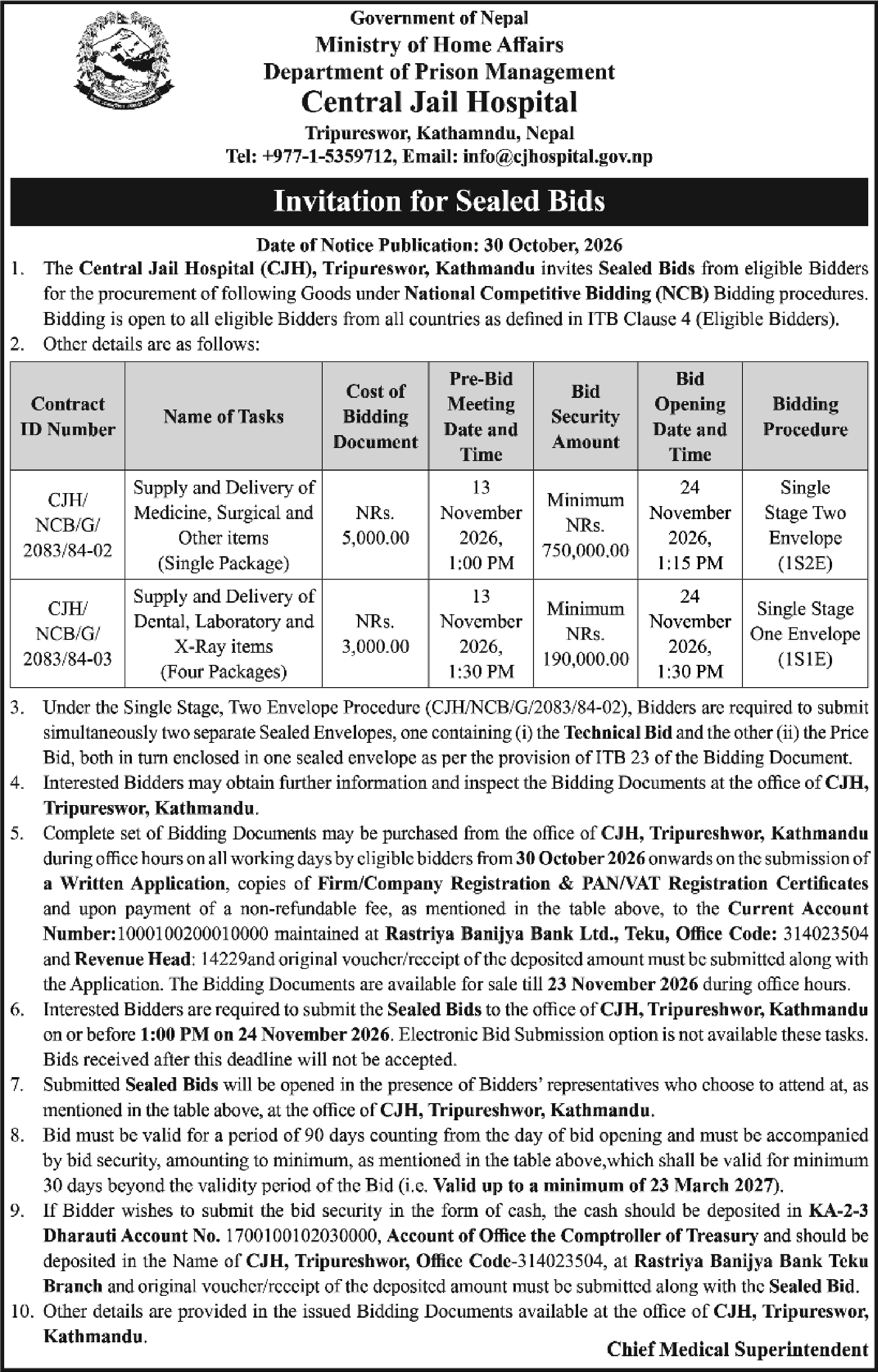Tender notice as printed in Himalaya Times, 30 Oct 2026, page 5