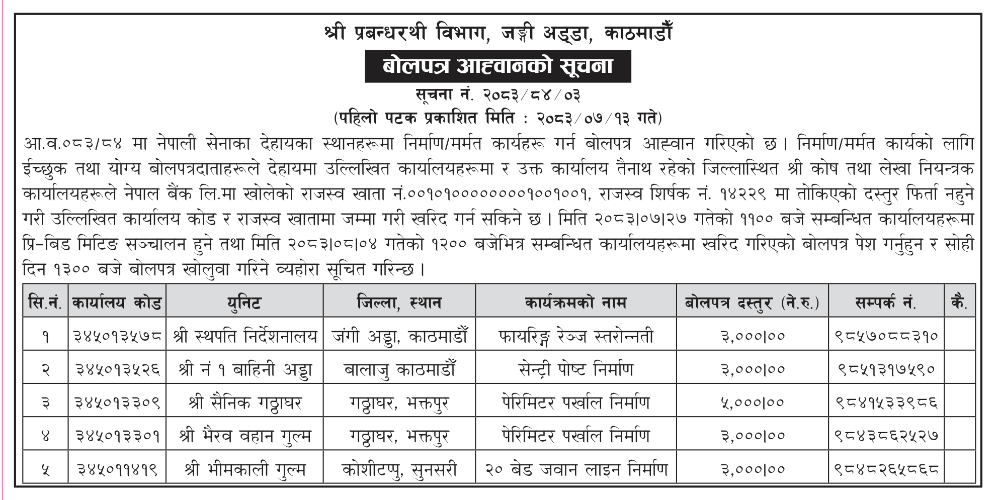 Tender notice as printed in Gorkhapatra, 30 Oct 2026, page 19