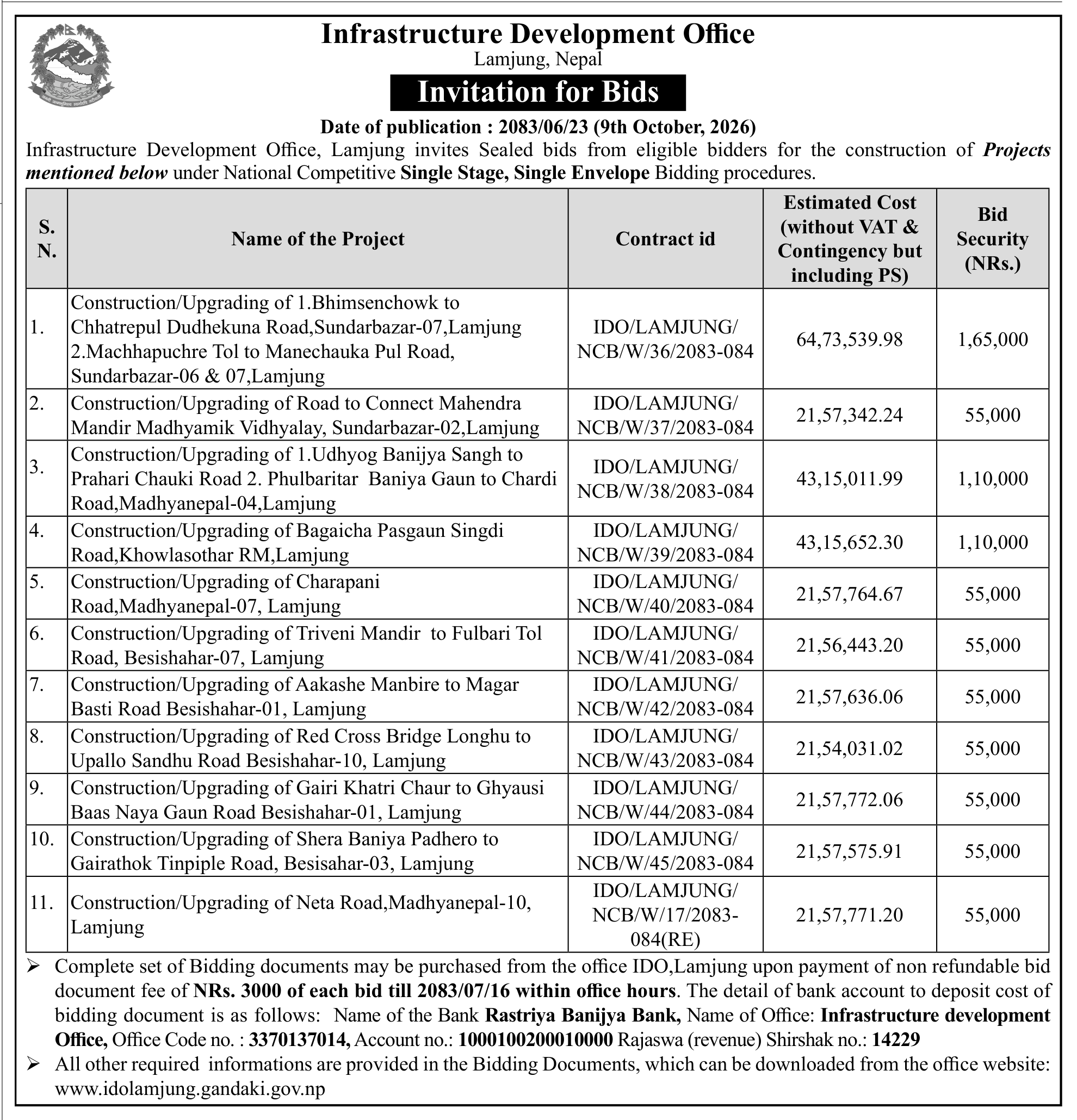 Tender notice as printed in Gorkhapatra, 9 Oct 2026, page 13
