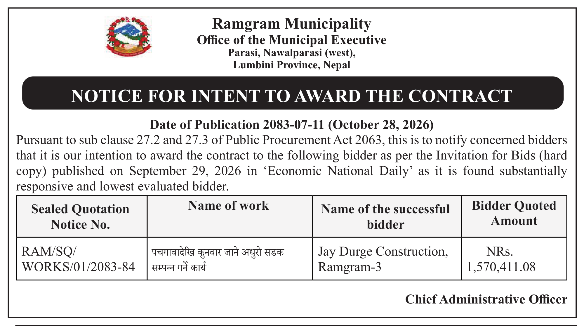 Tender notice as printed in Mission Today, 28 Oct 2026, page 8