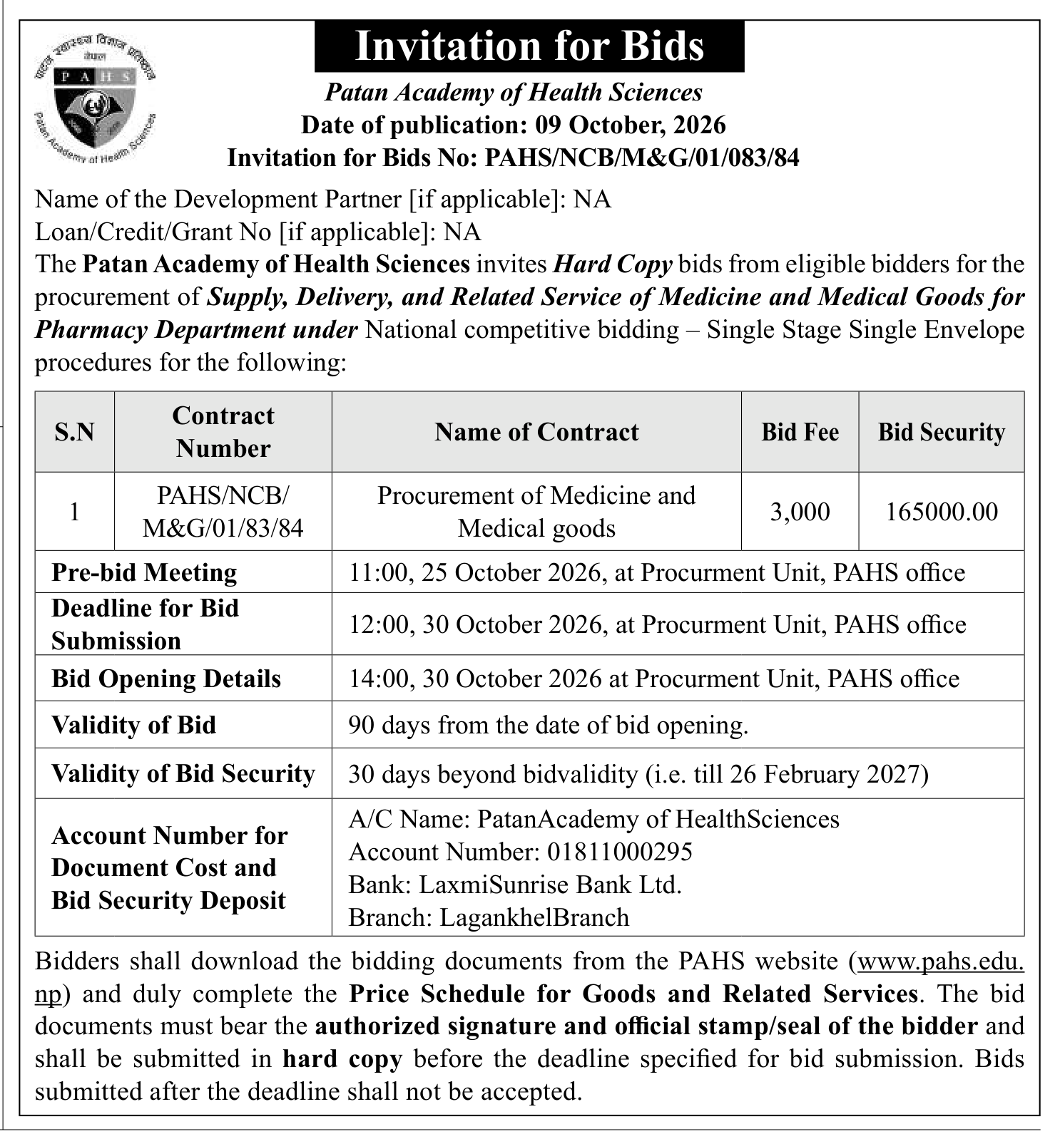 Tender notice as printed in Gorkhapatra, 9 Oct 2026, page 16