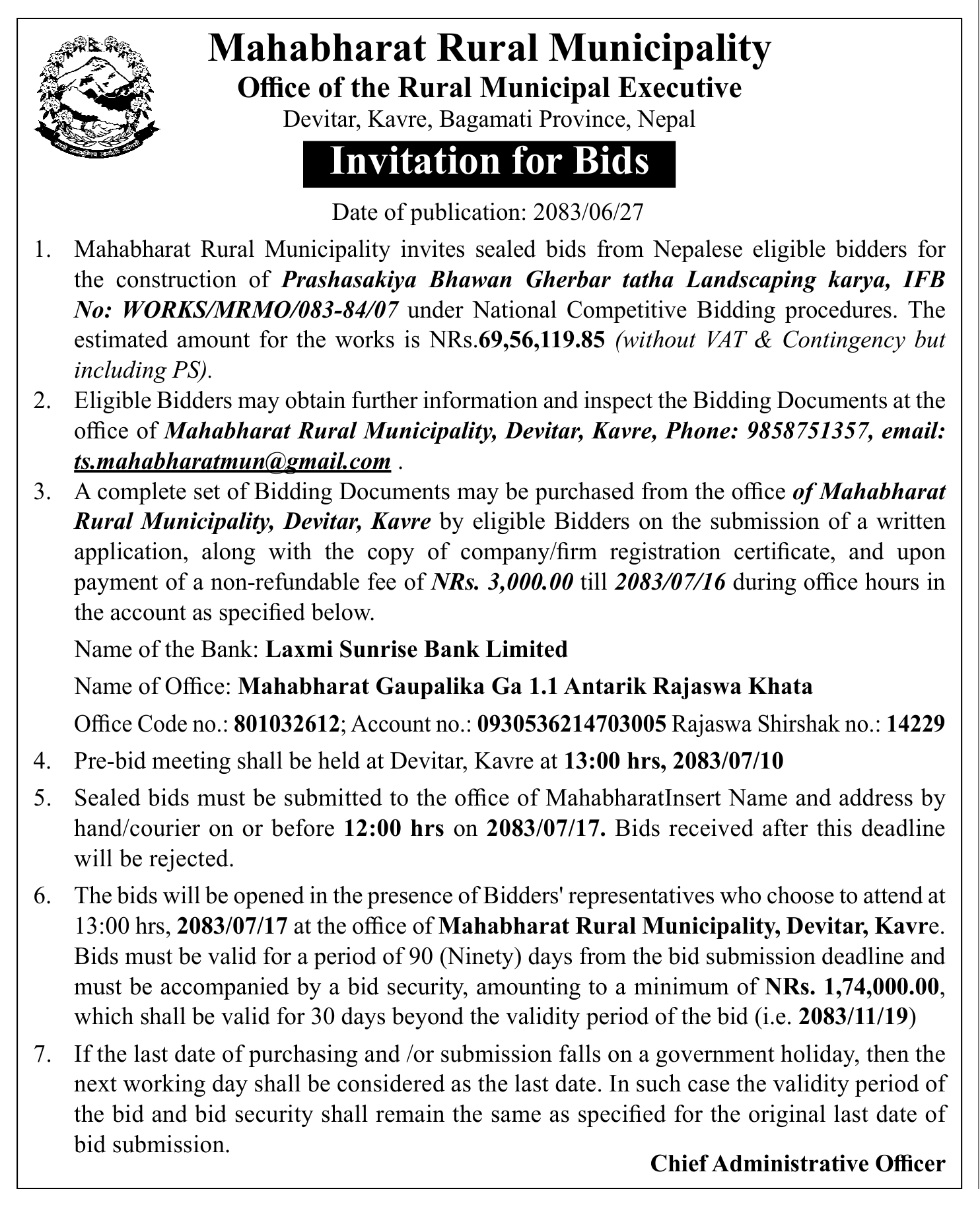 Tender notice as printed in Gorkhapatra, 13 Oct 2026, page 15