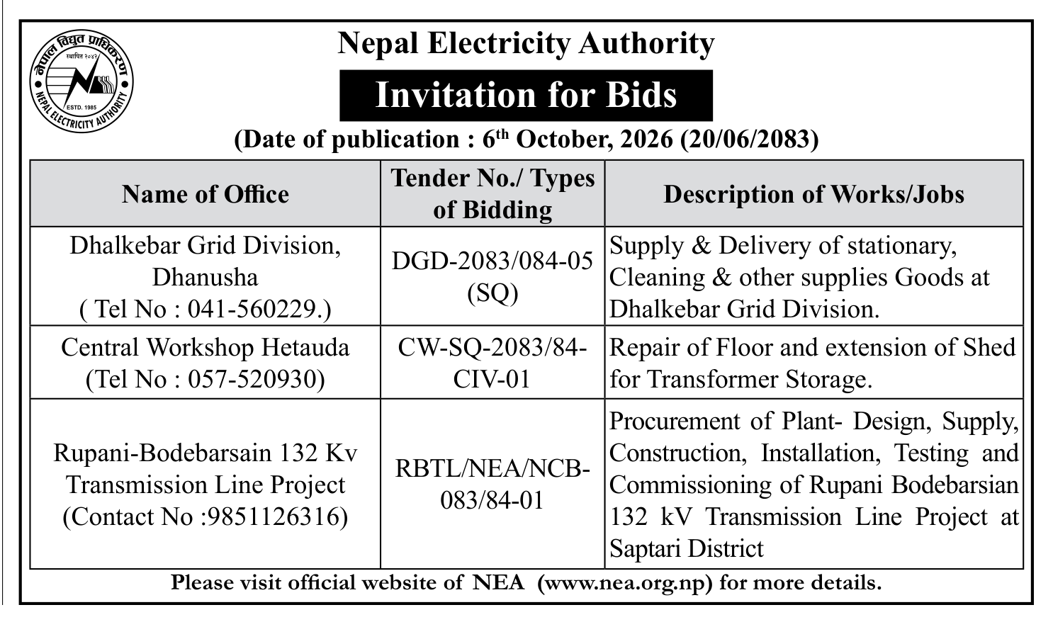 Tender notice as printed in Gorkhapatra, 6 Oct 2026, page 10
