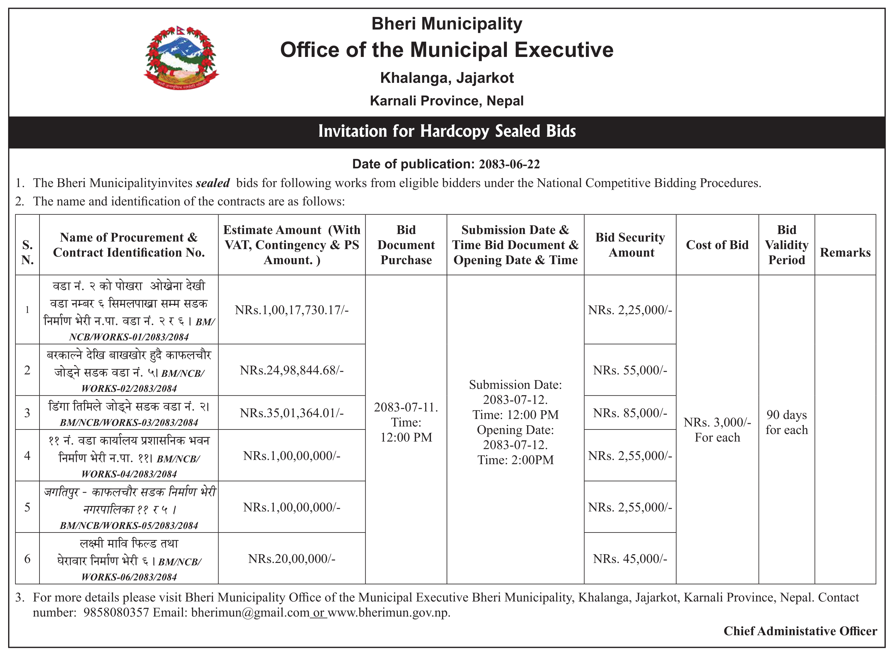 Tender notice as printed in Mission Today, 8 Oct 2026, page 5