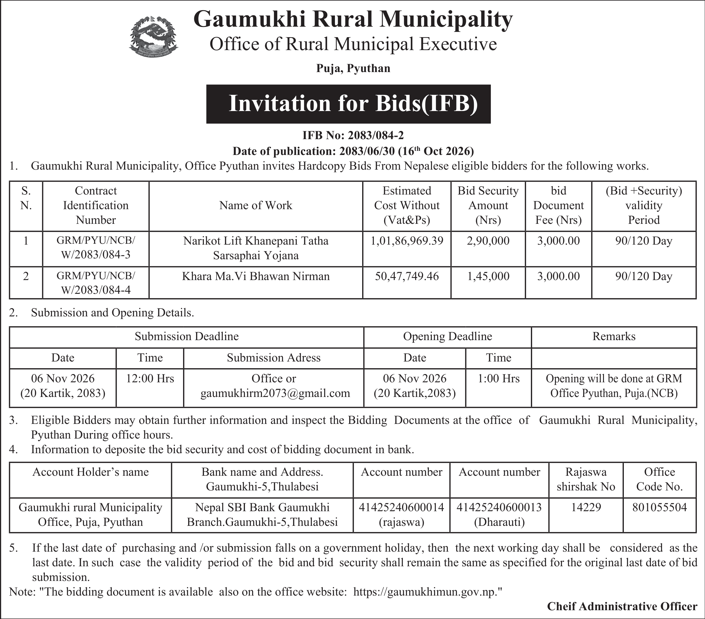 Tender notice as printed in Mechikali, 16 Oct 2026, page 3