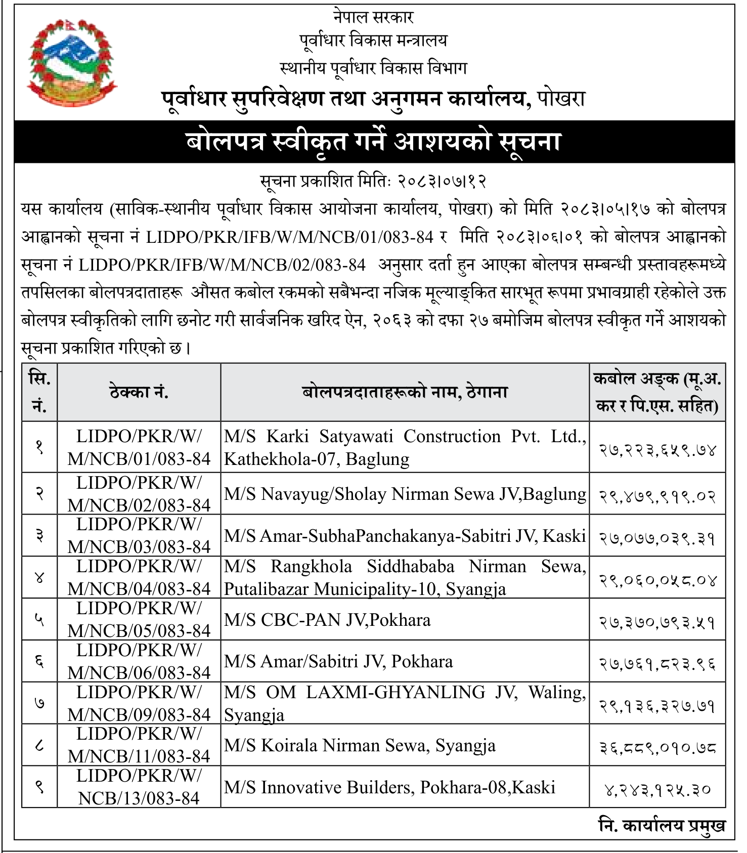 Tender notice as printed in Gorkhapatra, 29 Oct 2026, page 14