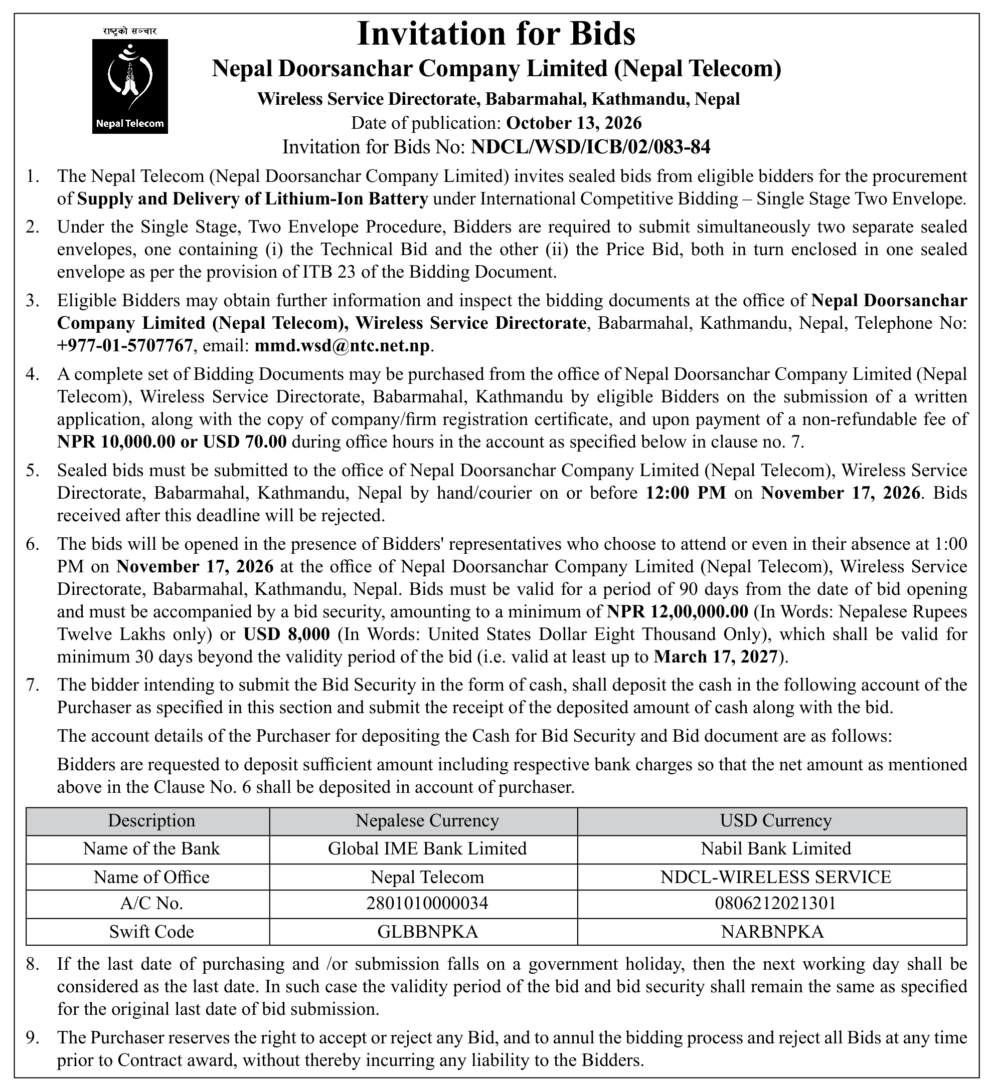 Tender notice as printed in Gorkhapatra, 14 Oct 2026, page 14