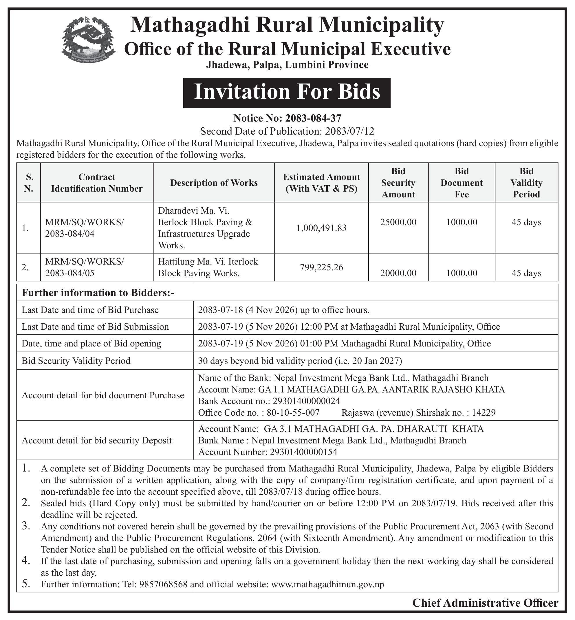 Tender notice as printed in Mechikali, 29 Oct 2026, page 1