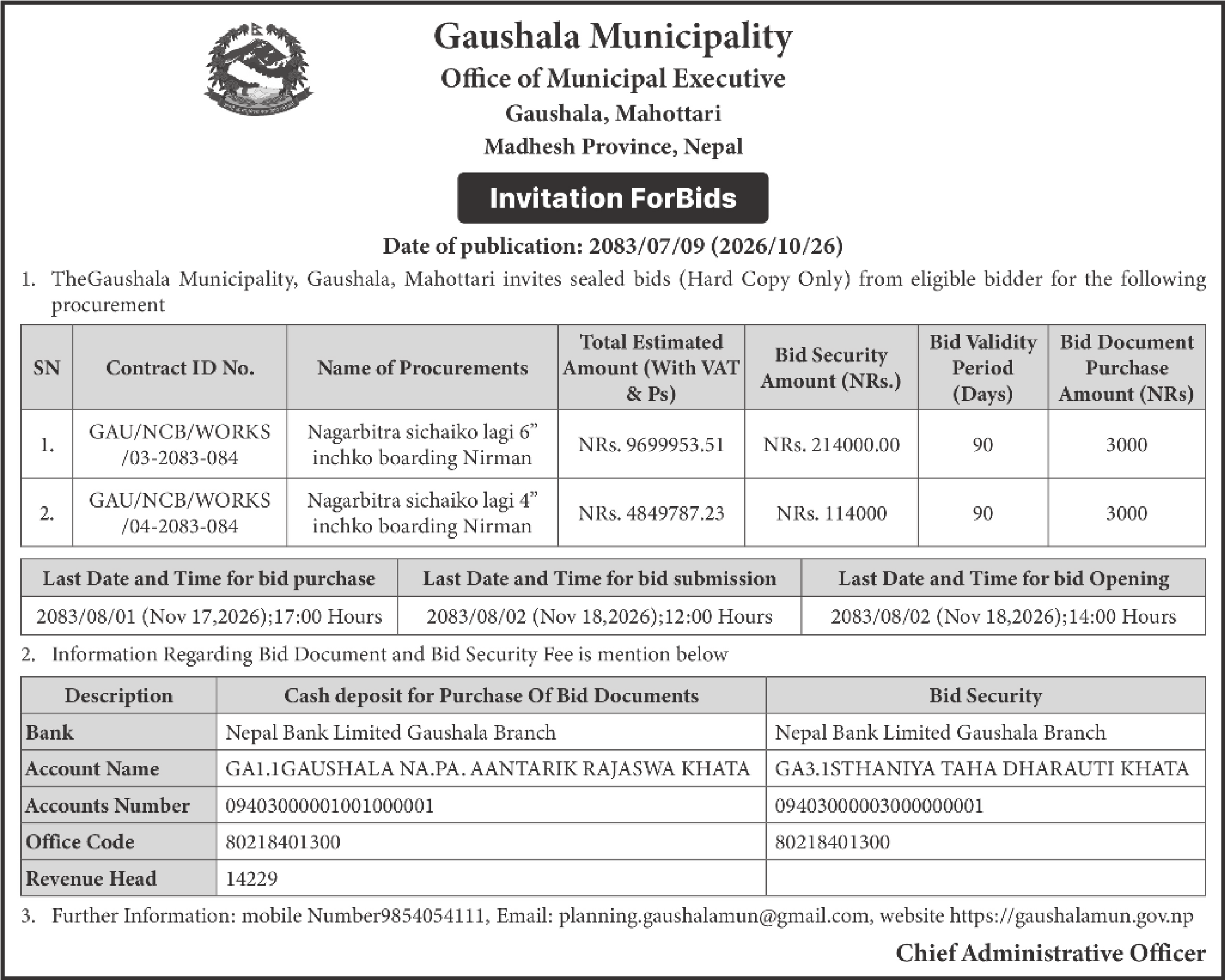 Tender notice as printed in Himalaya Times, 26 Oct 2026, page 7