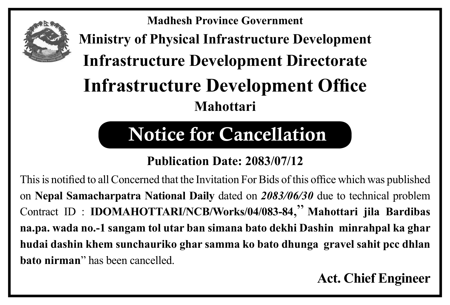 Tender notice as printed in Nepal Samacharpatra, 29 Oct 2026, page 5