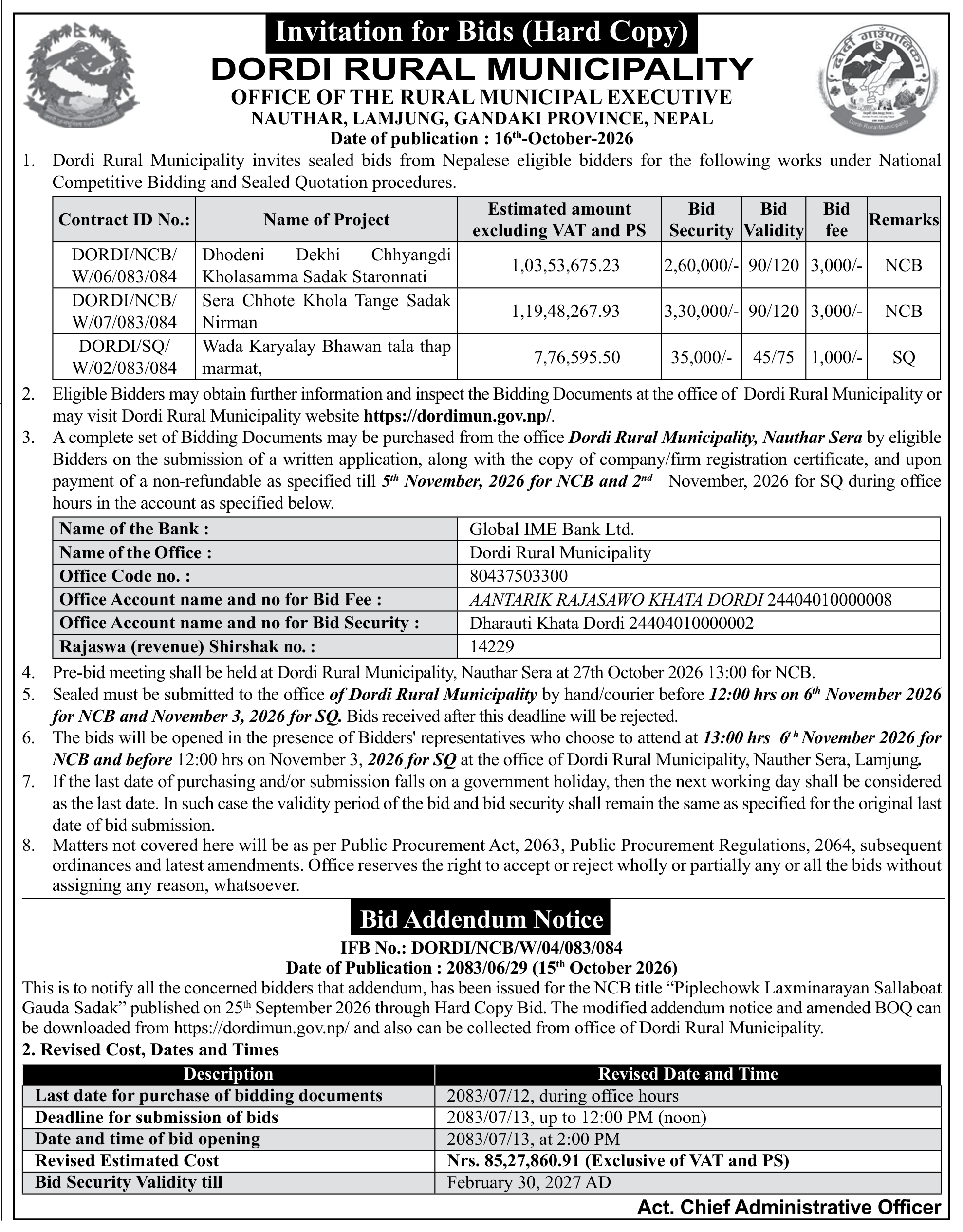 Tender notice as printed in Gorkhapatra, 16 Oct 2026, page 11