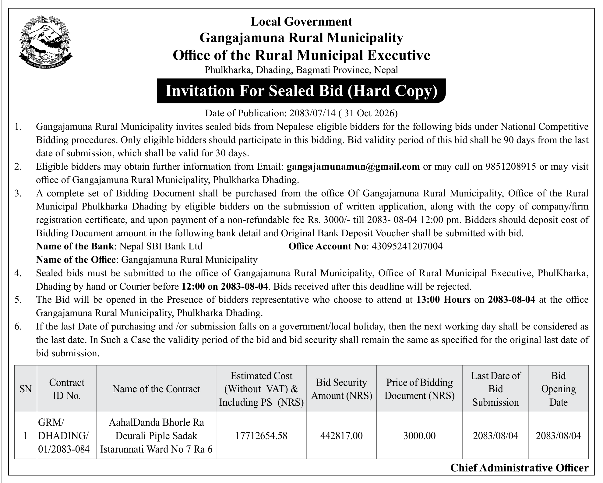 Tender notice as printed in Gorkhapatra, 31 Oct 2026, page 3