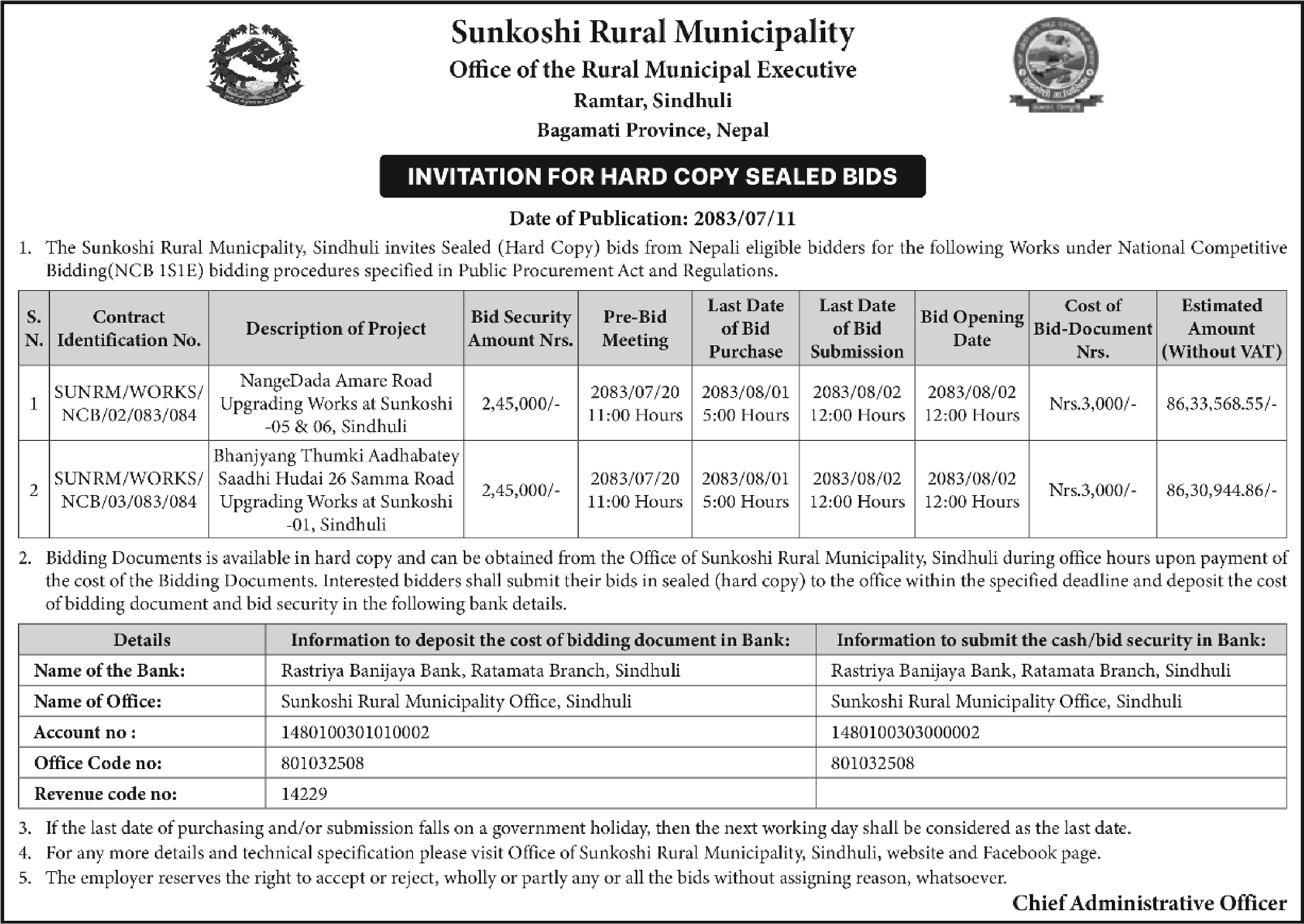 Tender notice as printed in Himalaya Times, 28 Oct 2026, page 5