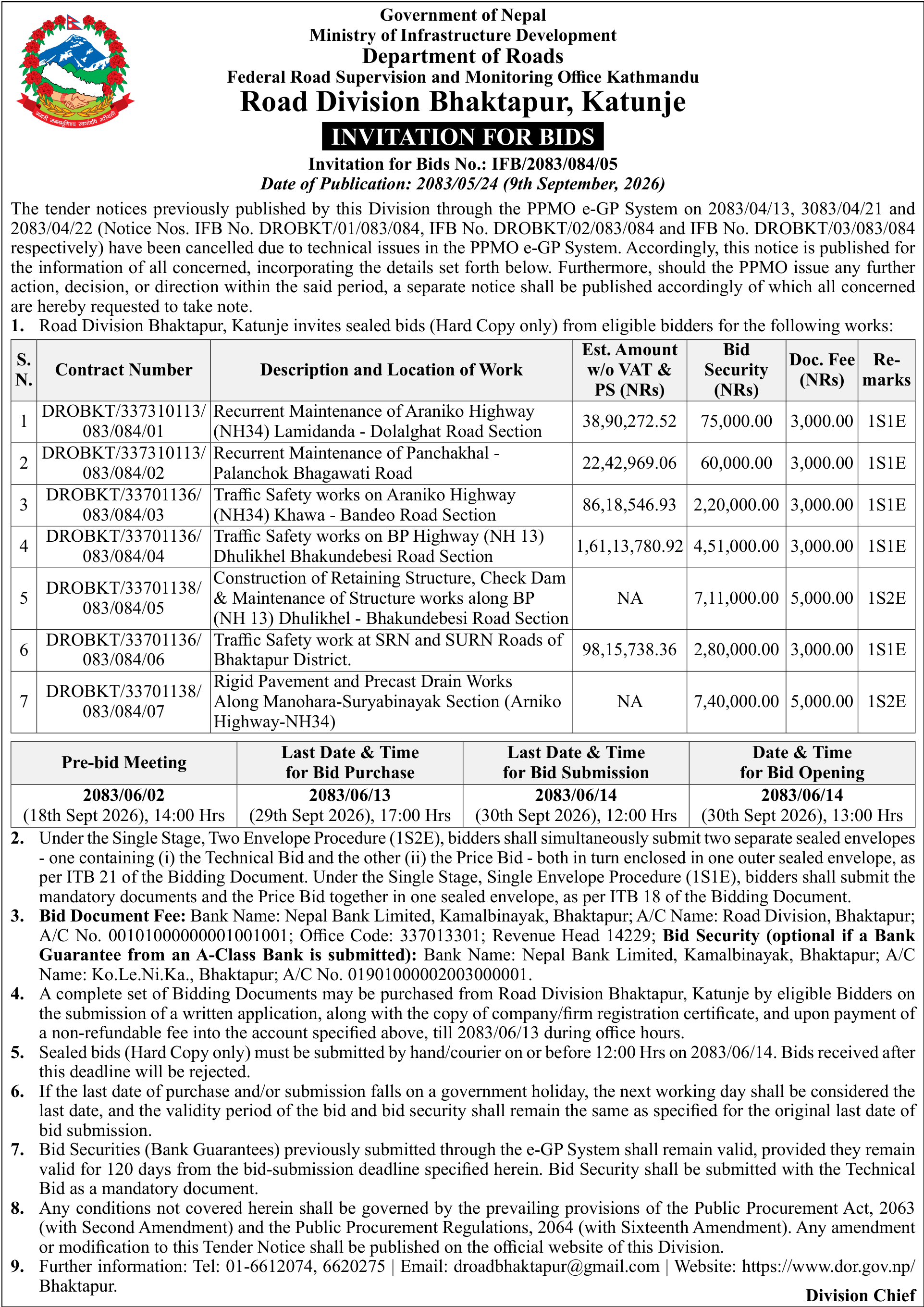 Tender notice as printed in Gorkhapatra, 9 Sep 2026, page 12
