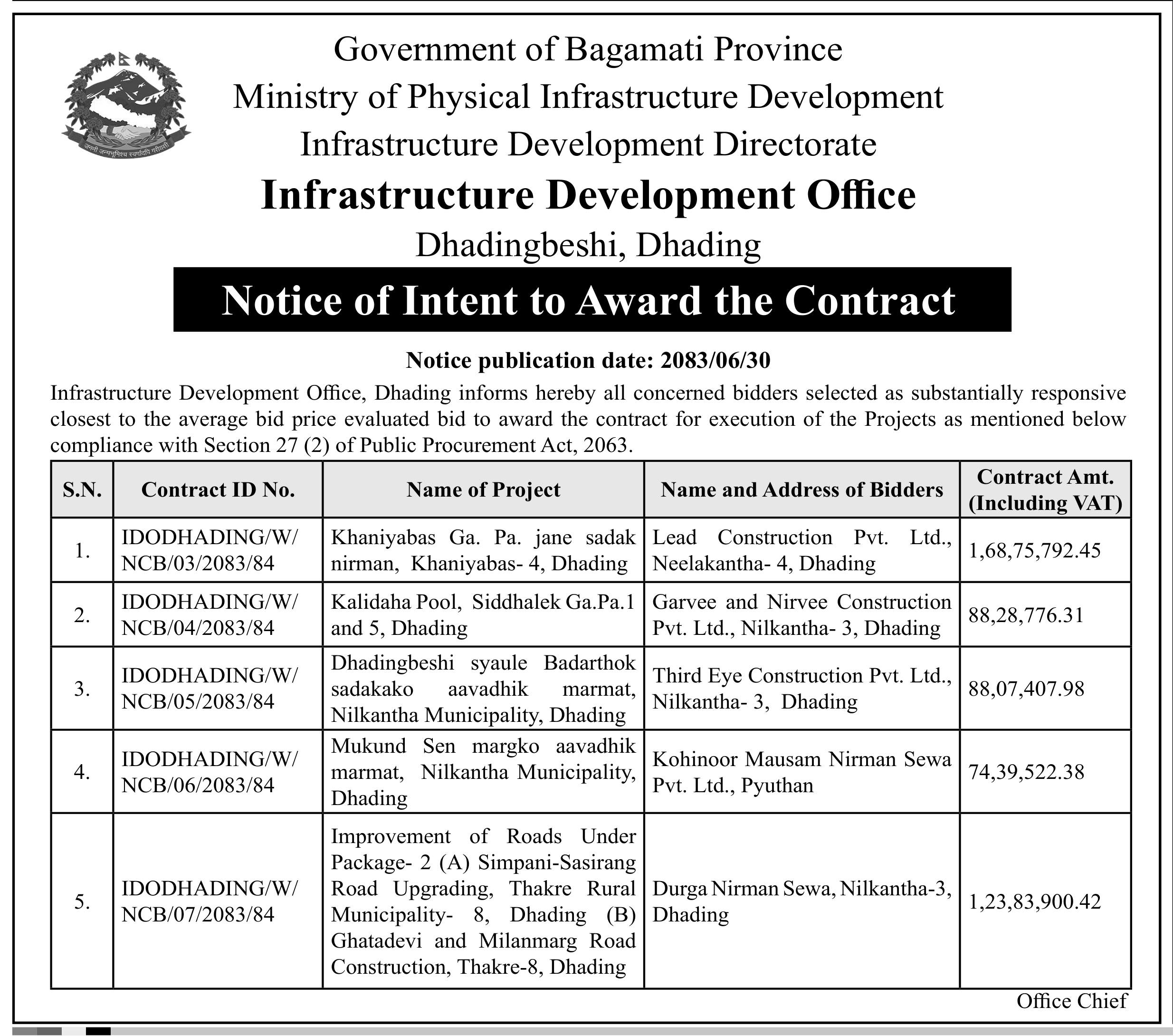 Tender notice as printed in Nepal Samacharpatra, 16 Oct 2026, page 10