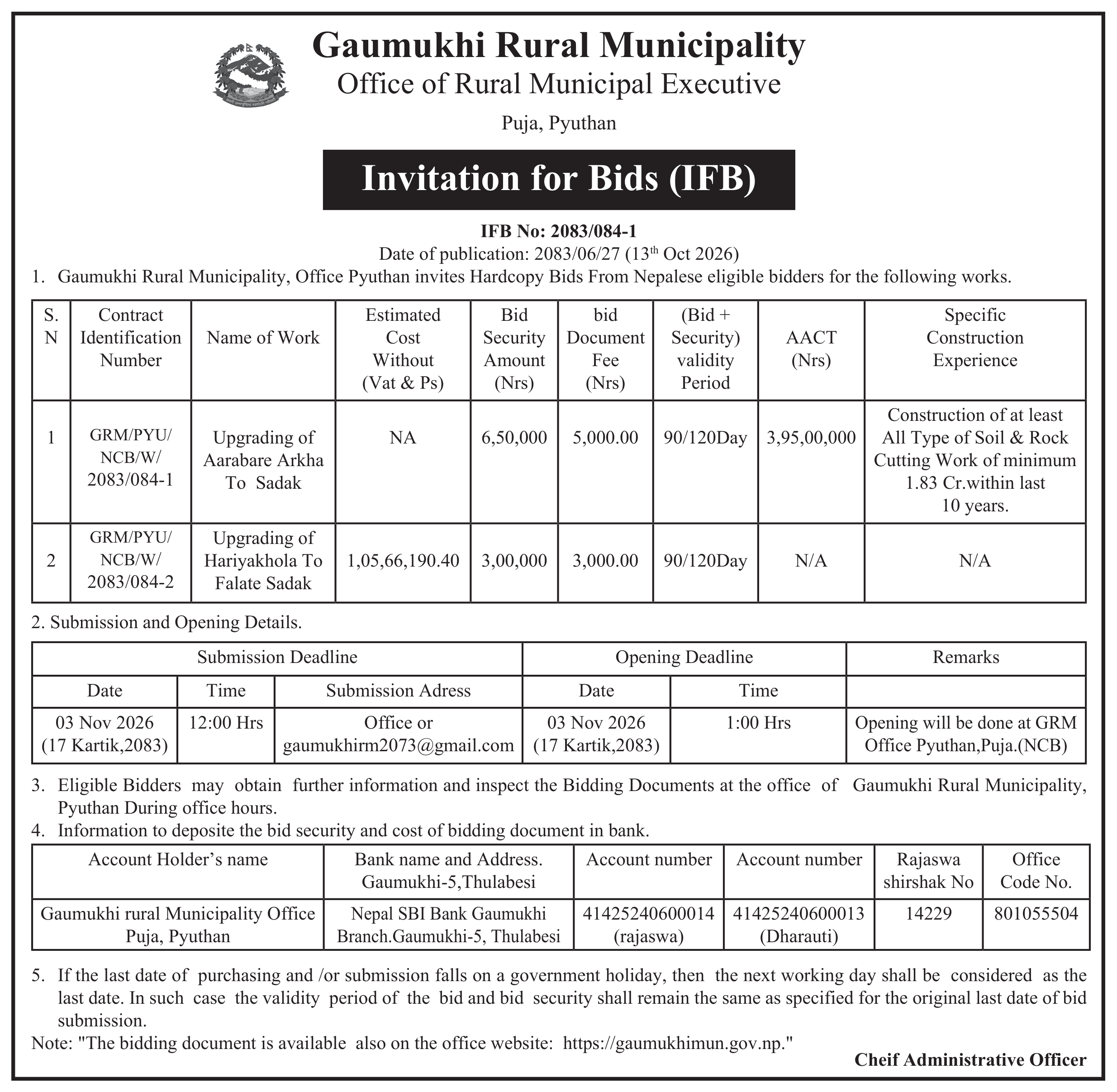 Tender notice as printed in Mechikali, 13 Oct 2026, page 3