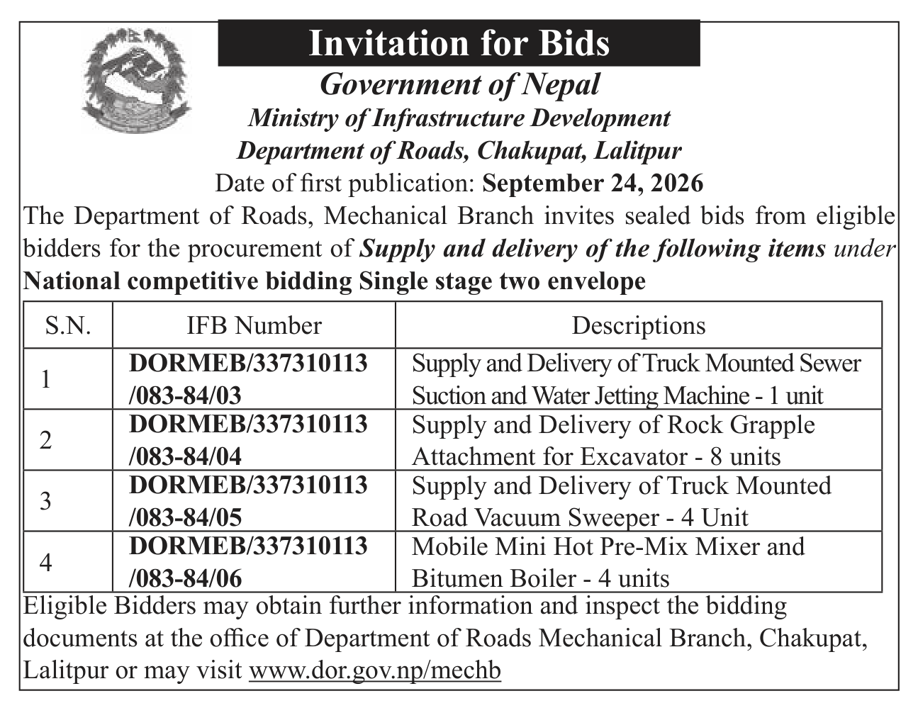 Tender notice as printed in The Rising Nepal, 24 Sep 2026, page 3