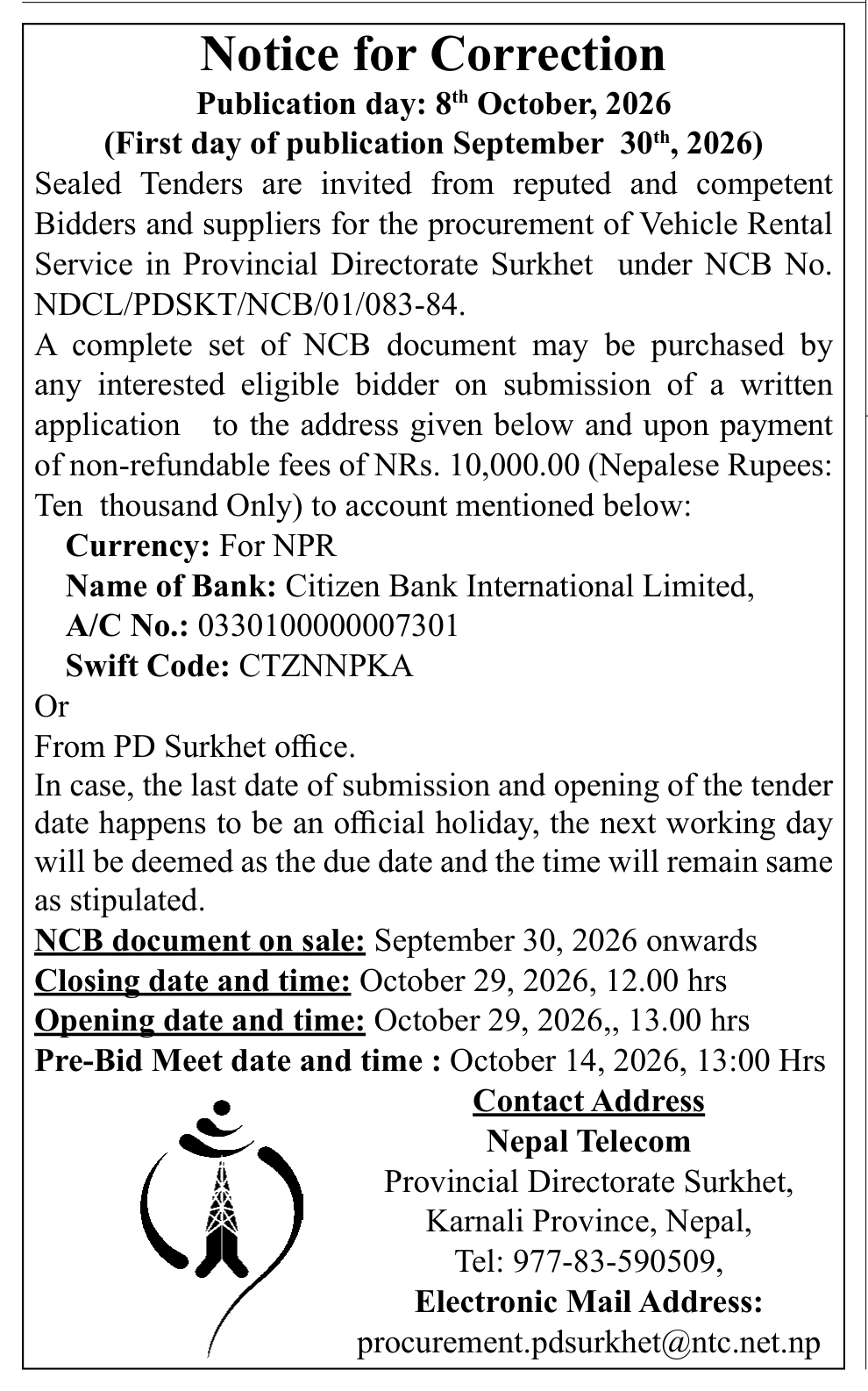 Tender notice as printed in Gorkhapatra, 8 Oct 2026, page 13
