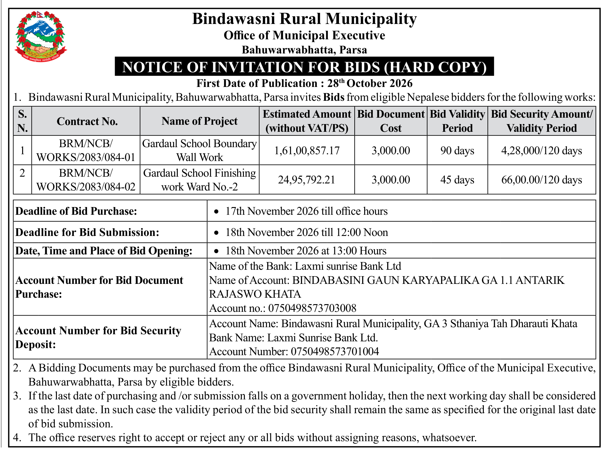 Tender notice as printed in Gorkhapatra, 28 Oct 2026, page 2