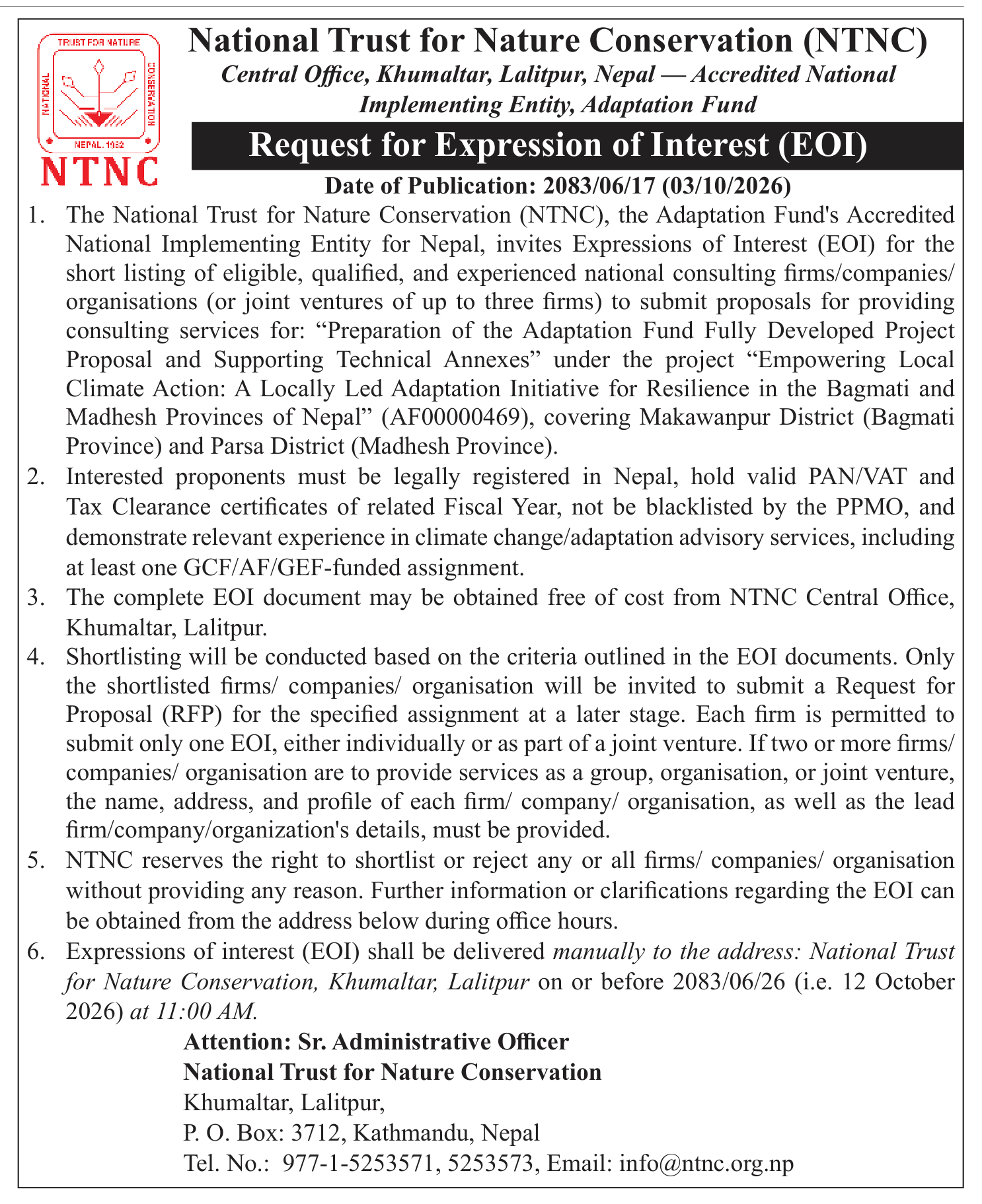 Tender notice as printed in The Rising Nepal, 3 Oct 2026, page 3
