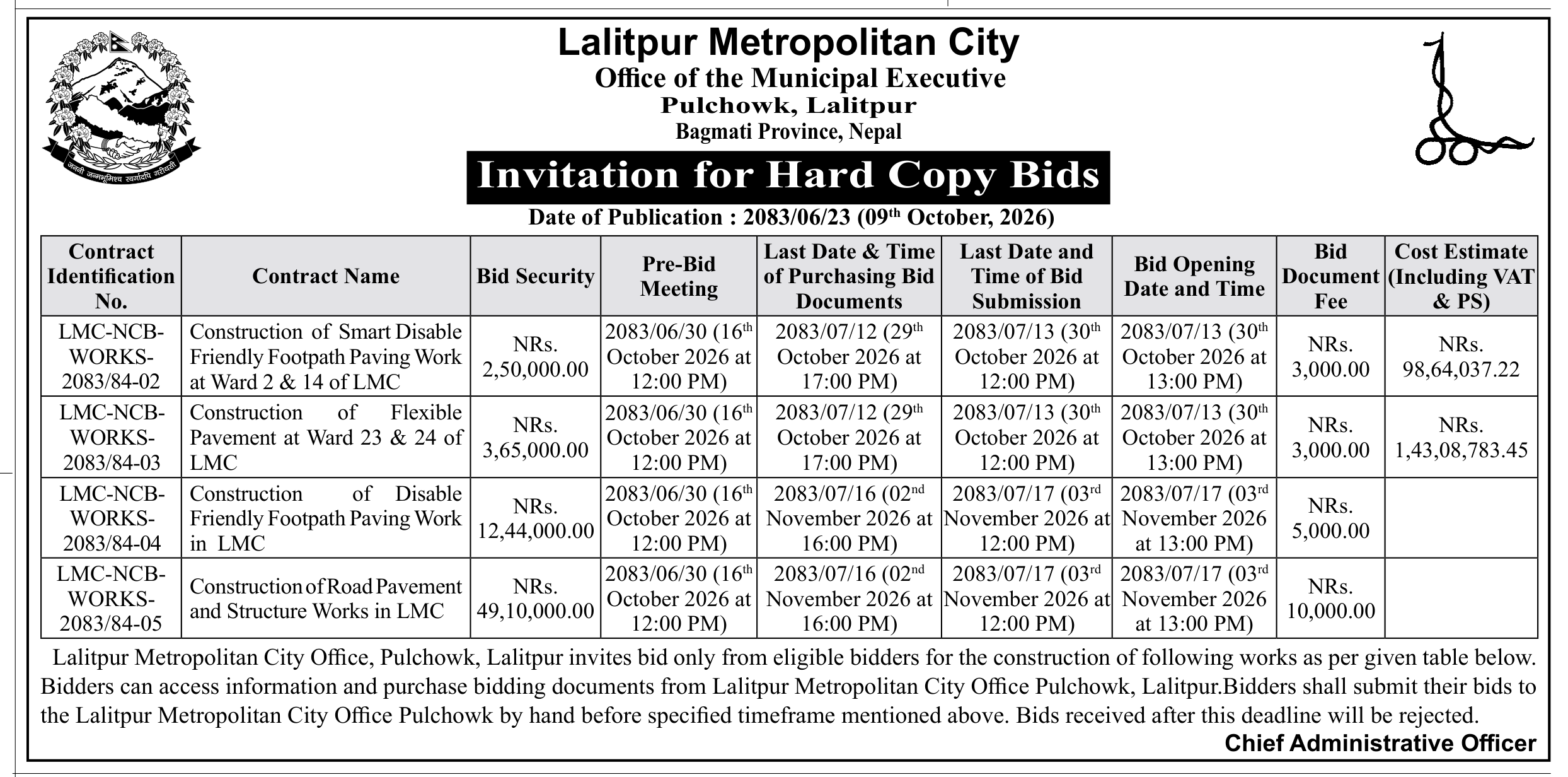Tender notice as printed in Gorkhapatra, 9 Oct 2026, page 7