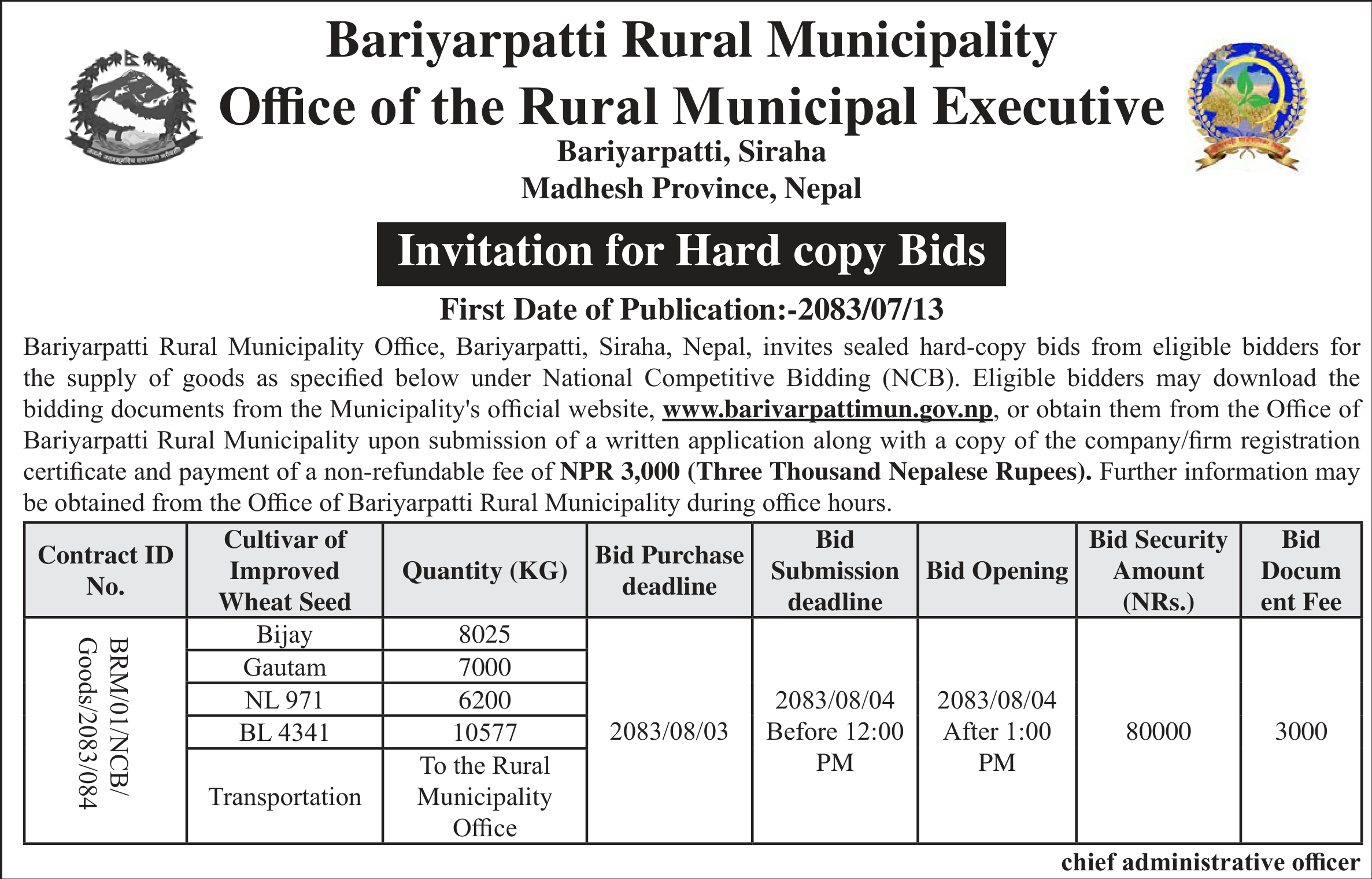 Tender notice as printed in Madhyanha, 30 Oct 2026, page 5