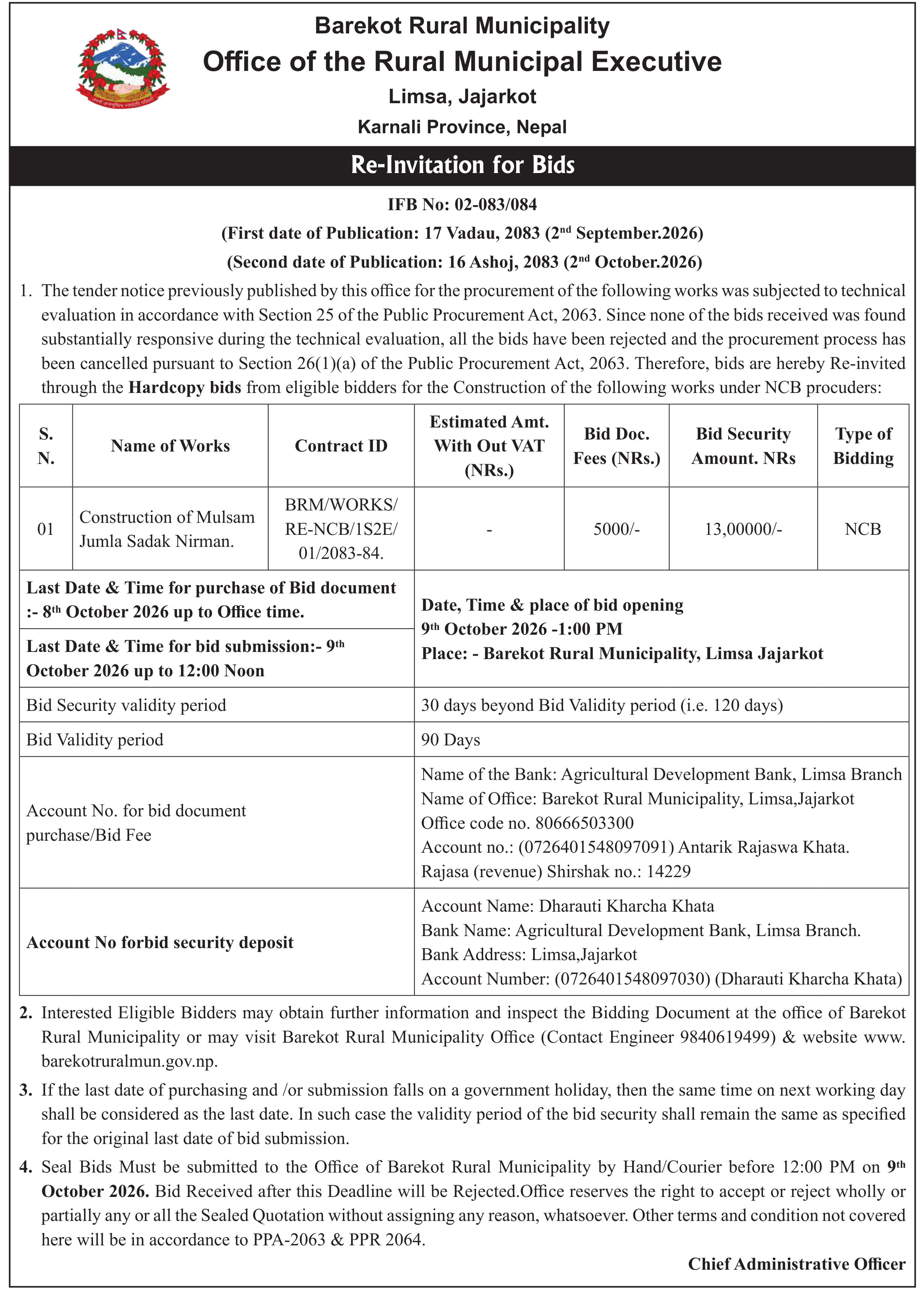 Tender notice as printed in Mission Today, 2 Oct 2026, page 7