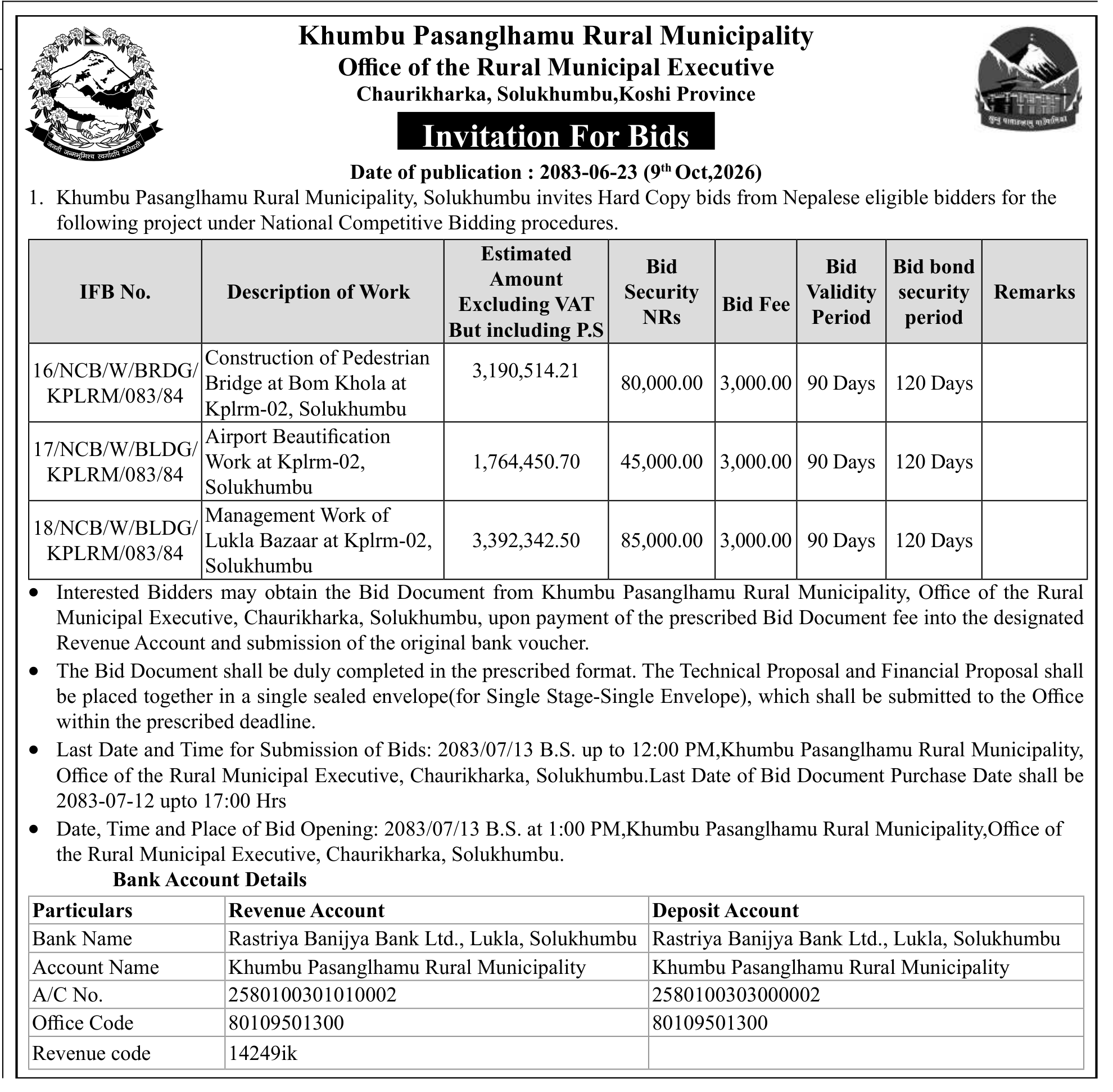 Tender notice as printed in Gorkhapatra, 9 Oct 2026, page 18