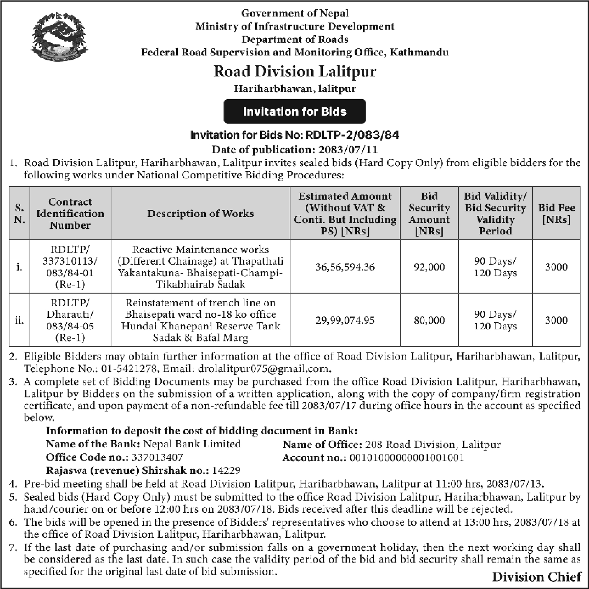 Tender notice as printed in Himalaya Times, 28 Oct 2026, page 8