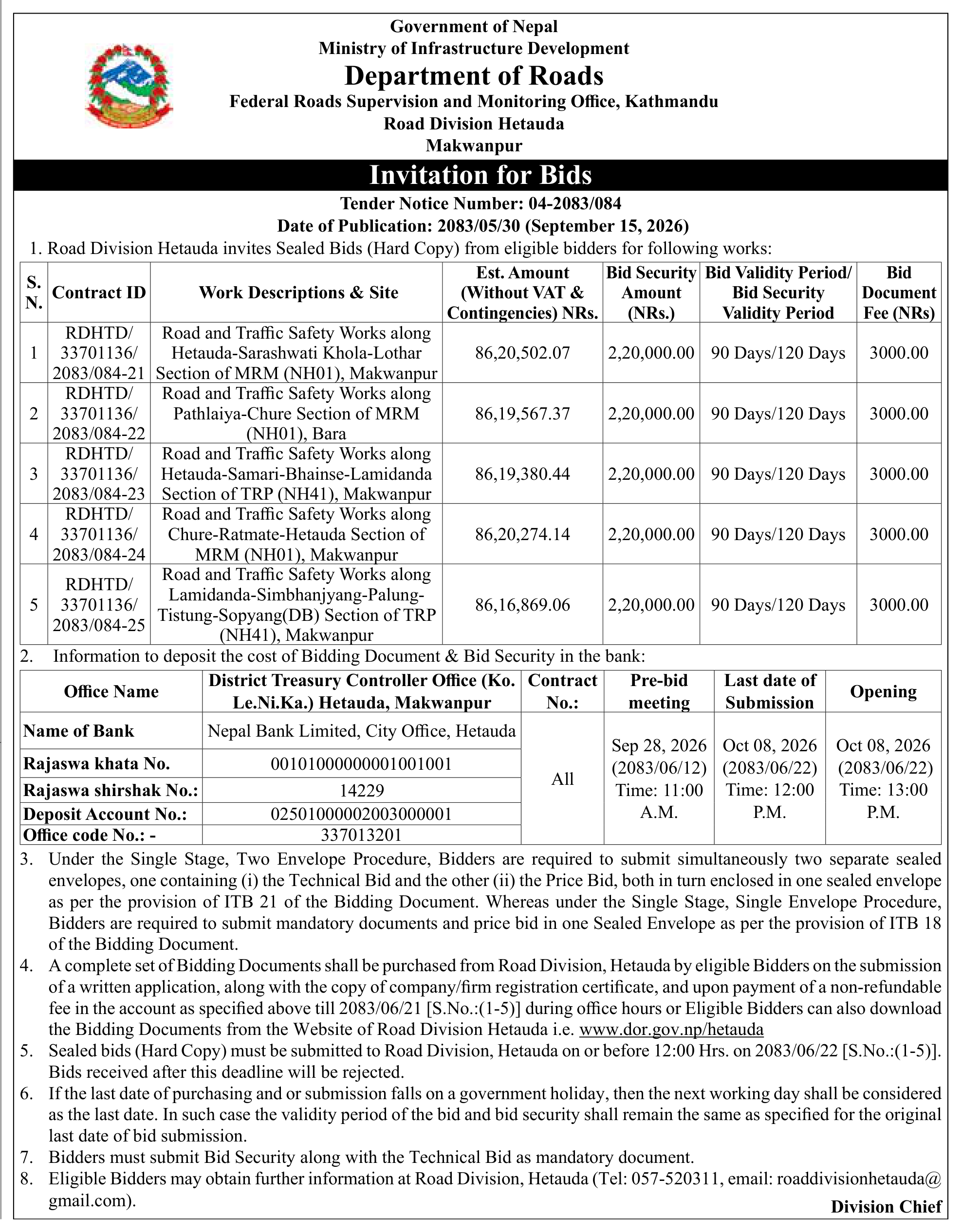 Tender notice as printed in Gorkhapatra, 15 Sep 2026, page 3