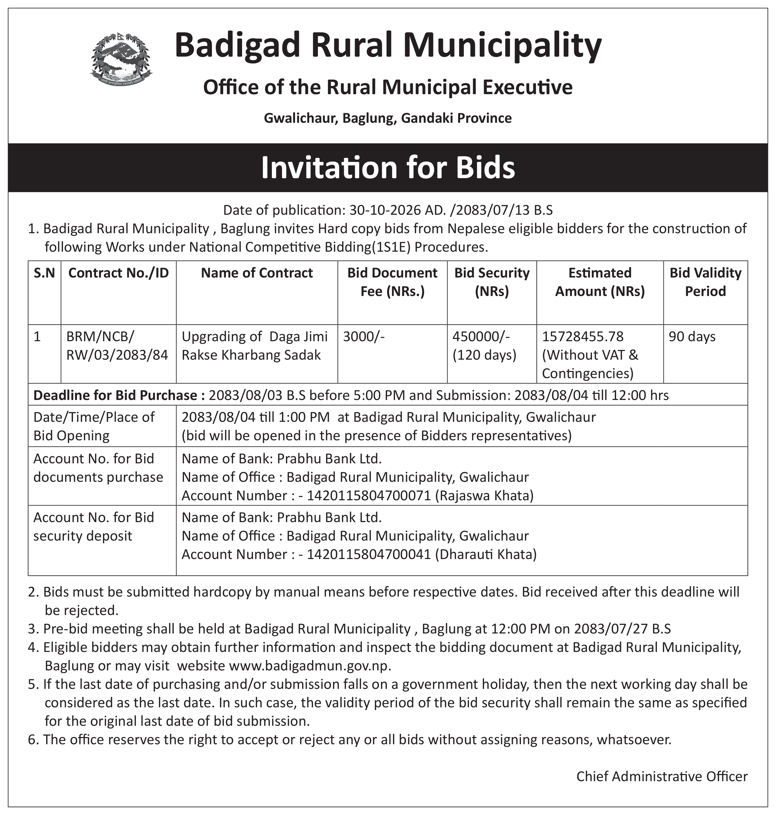 Tender notice as printed in Dhorpatan News, 30 Oct 2026, page 4