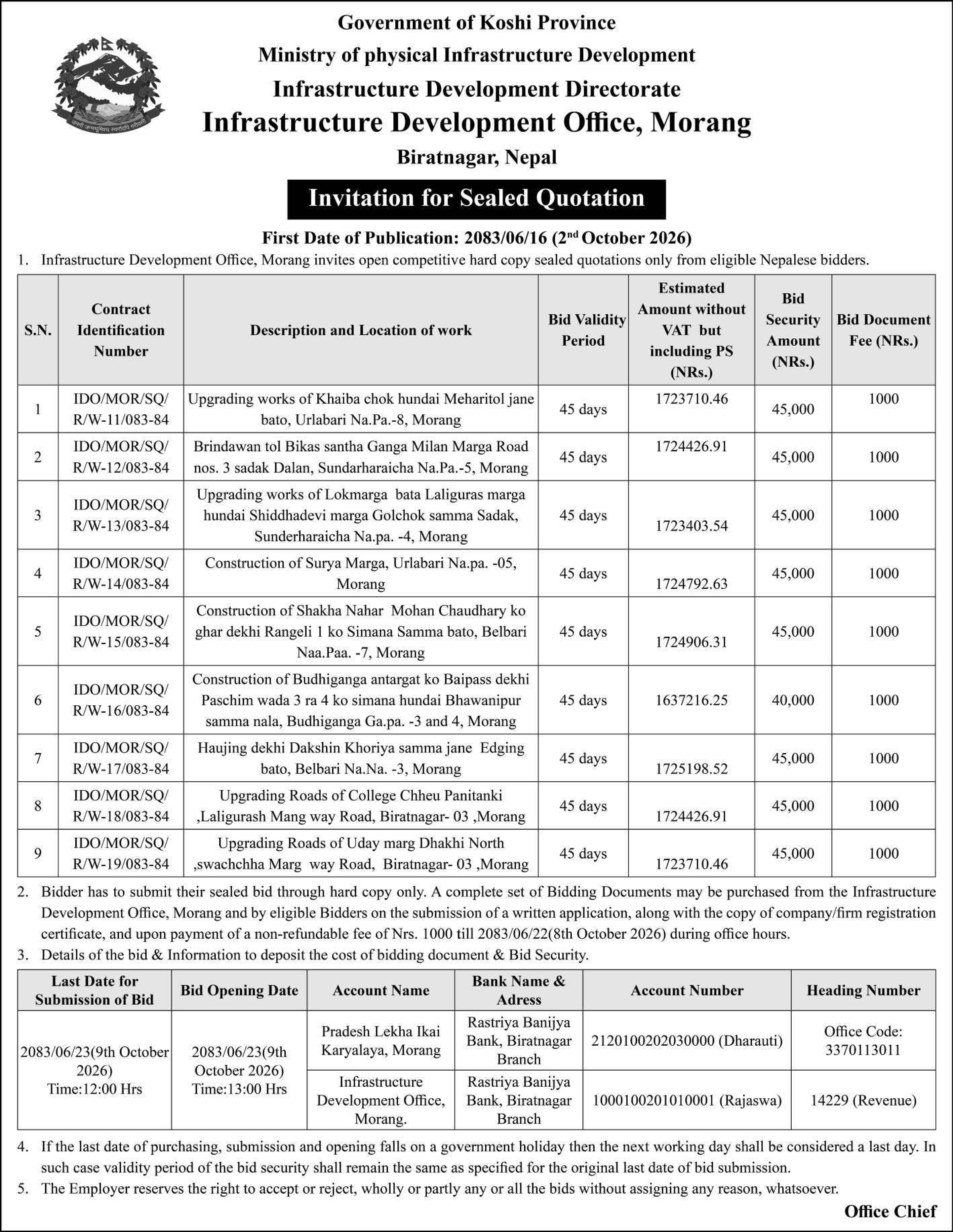 Tender notice as printed in Sourya Dainik, 2 Oct 2026, page 11