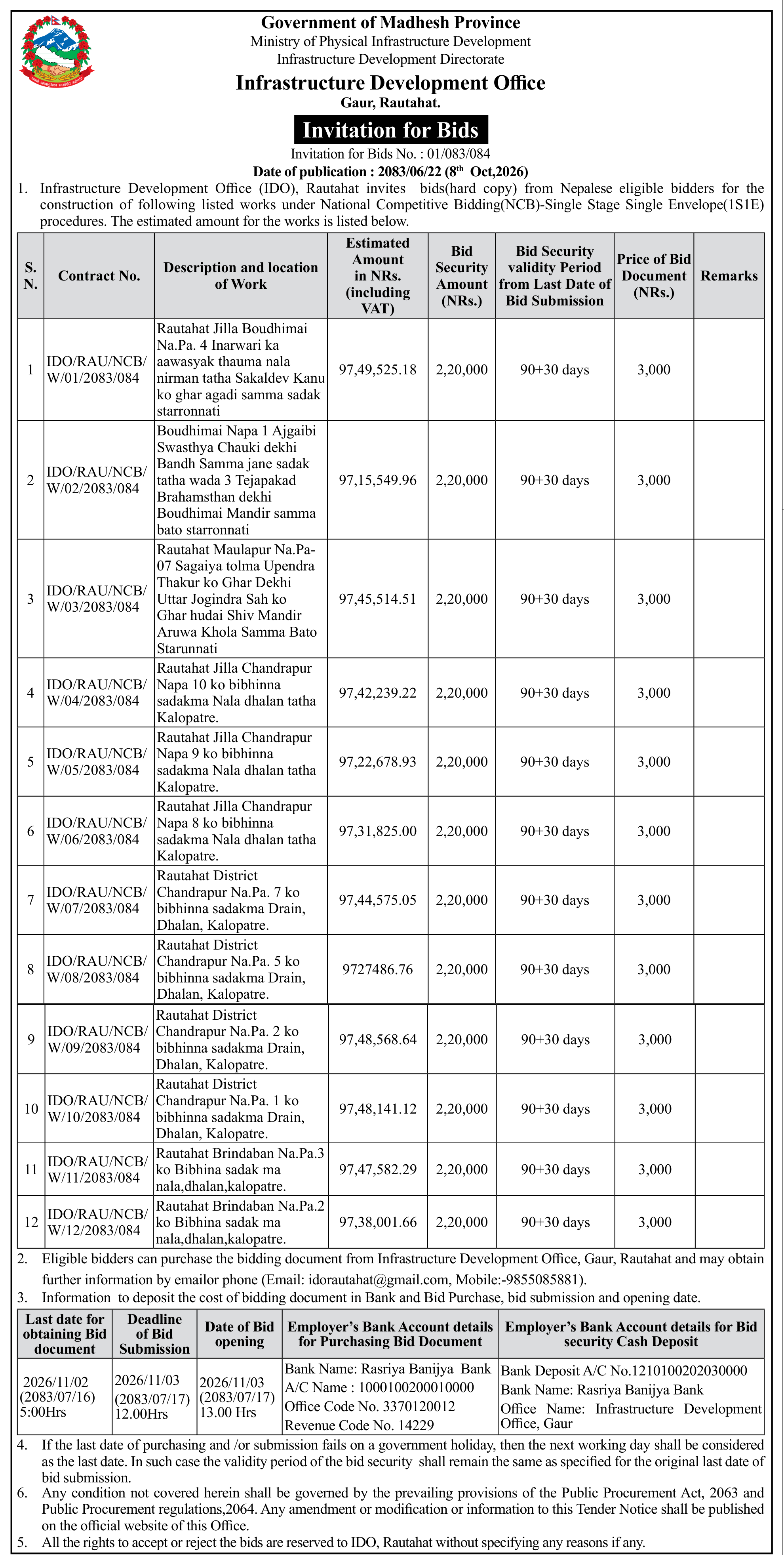 Tender notice as printed in Gorkhapatra, 8 Oct 2026, page 8