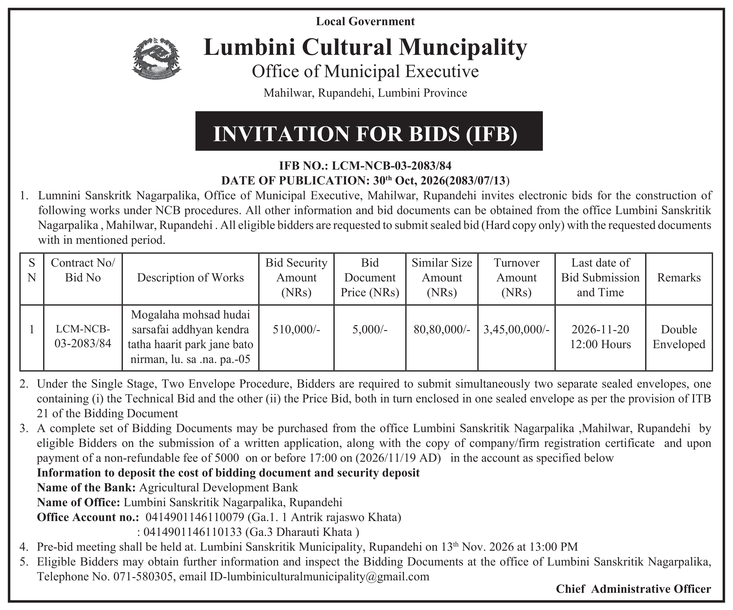 Tender notice as printed in Mechikali, 30 Oct 2026, page 2