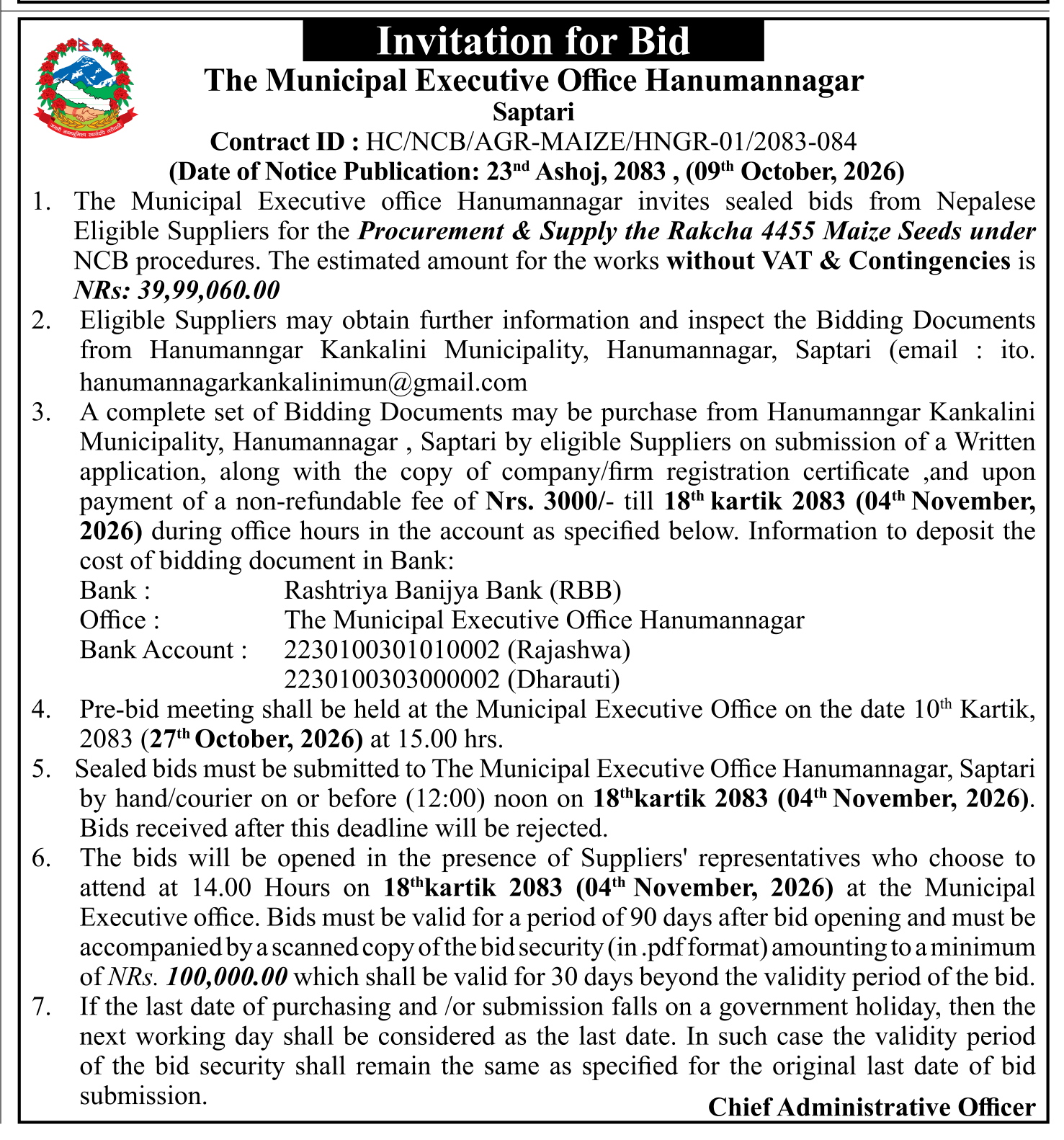 Tender notice as printed in Gorkhapatra, 9 Oct 2026, page 6