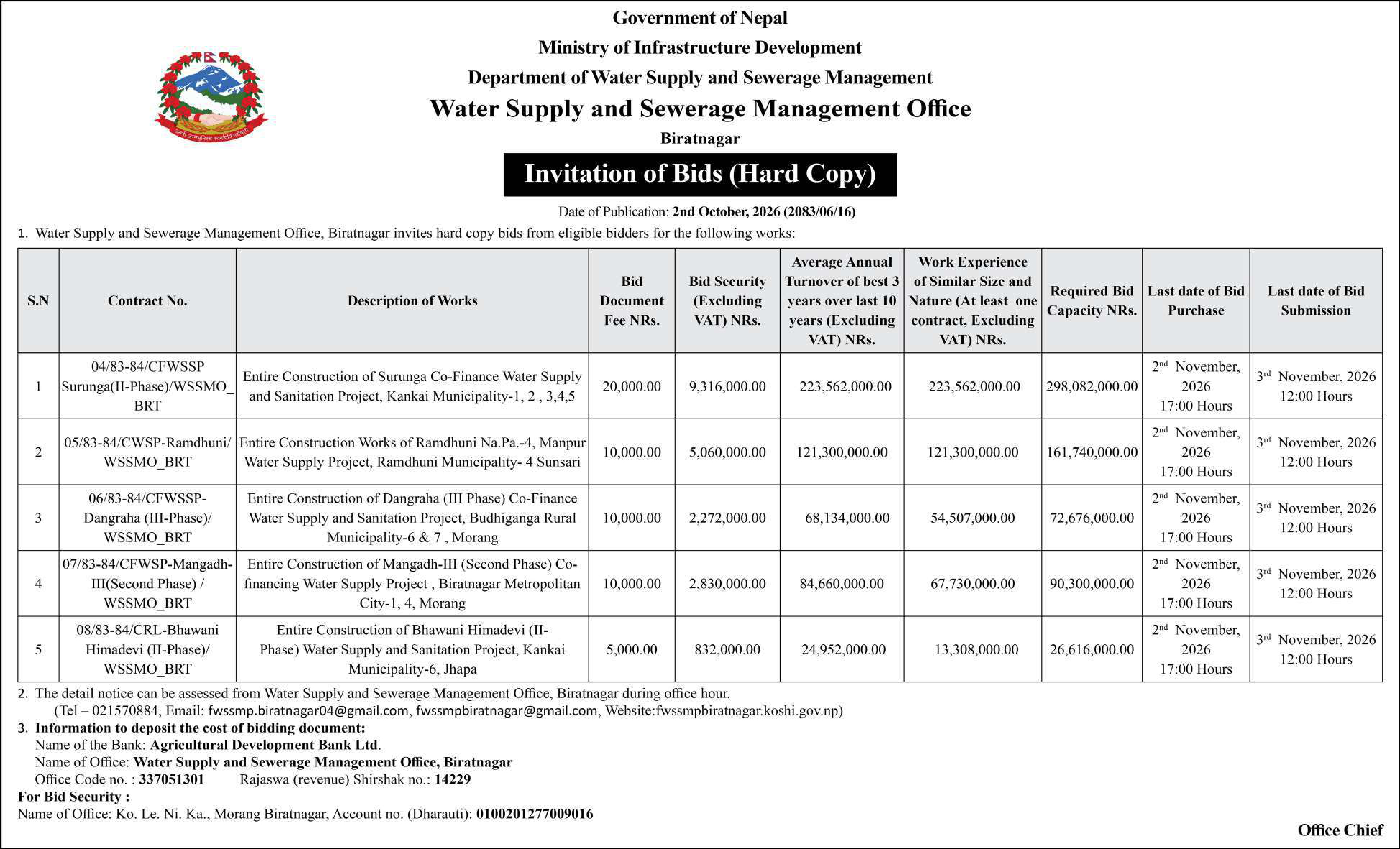 Tender notice as printed in Sourya Dainik, 2 Oct 2026, page 7