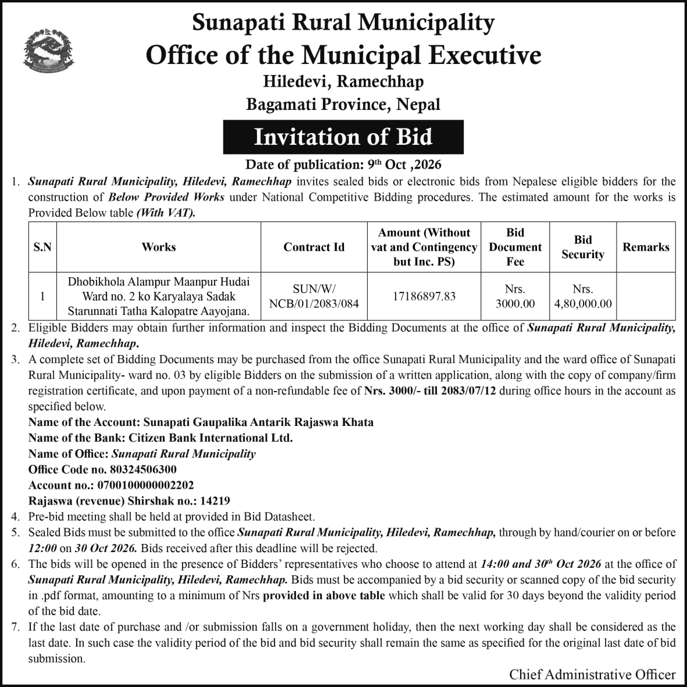 Tender notice as printed in Sourya Dainik, 9 Oct 2026, page 12