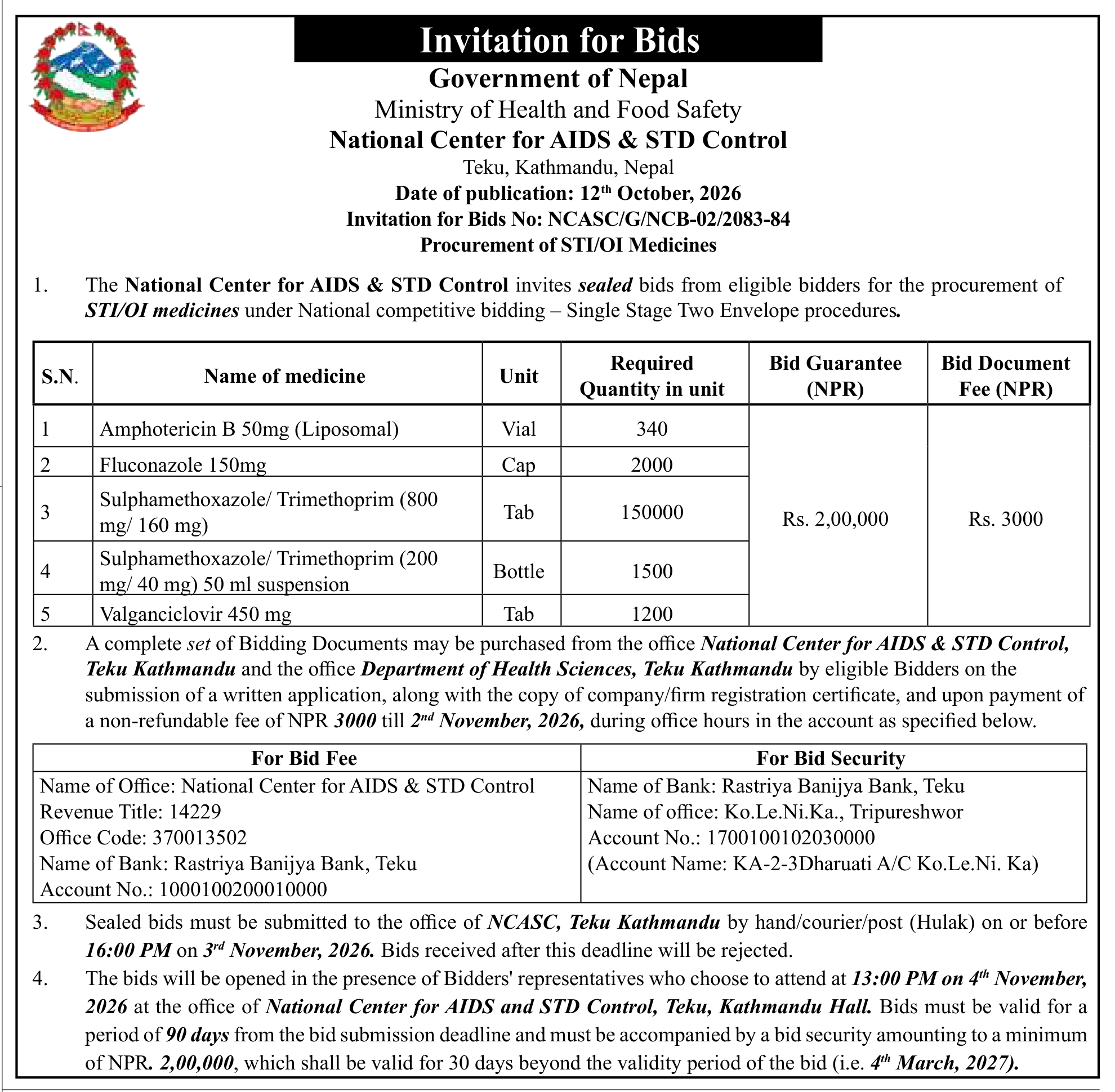 Tender notice as printed in Gorkhapatra, 12 Oct 2026, page 3